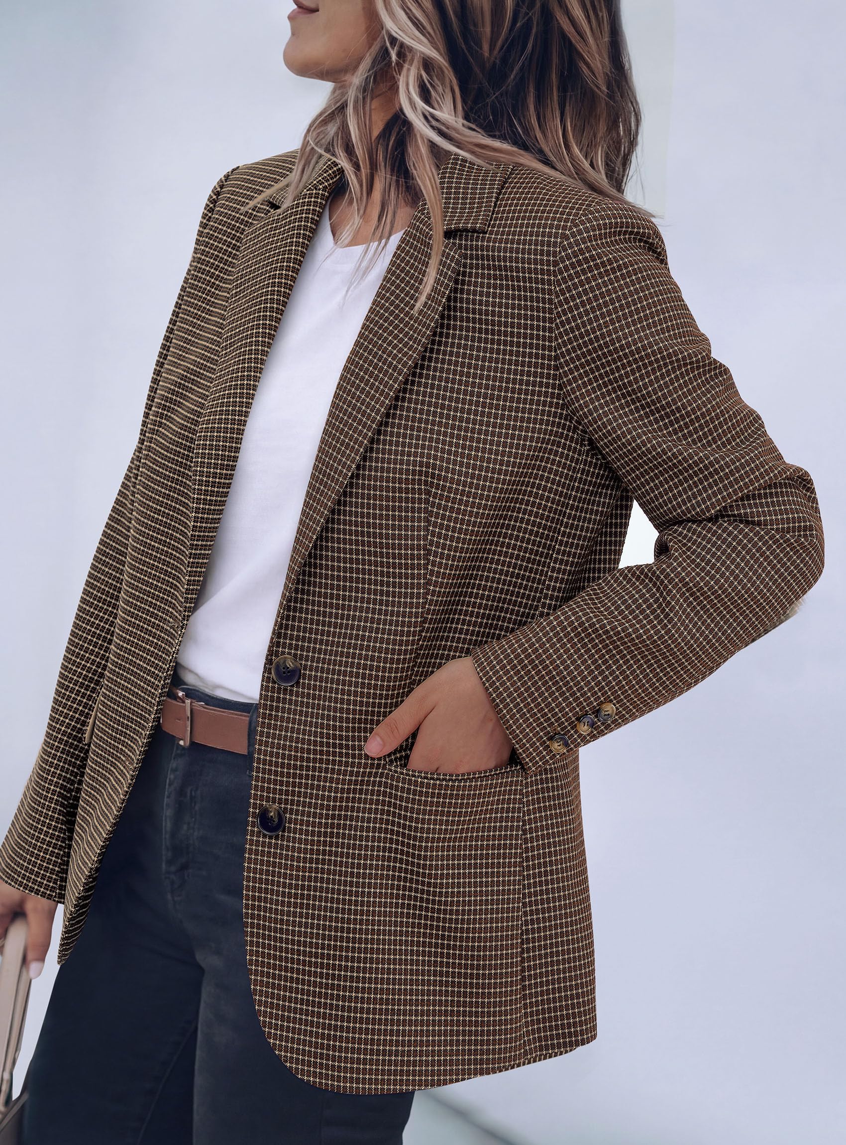 Fall Plaid Blazers for Women Business Casual Brown M
