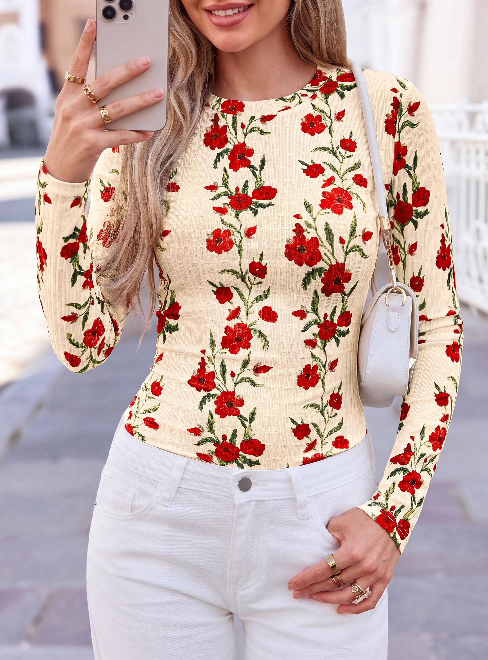 Womens Long Sleeve Shirts Floral Y2K Tops,Beige,M