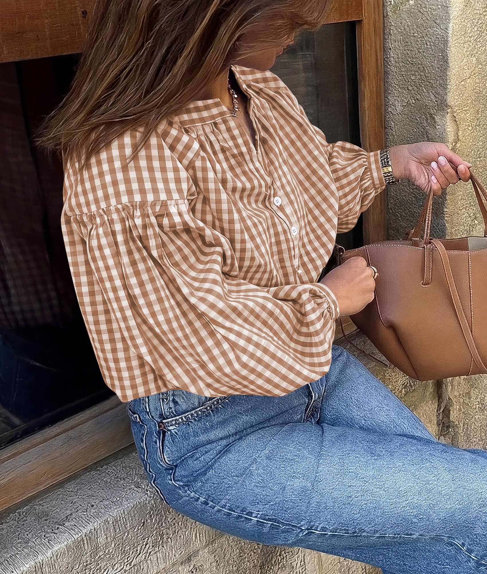 Women Fall Plaid Long Puff Sleeve Shirts V Neck Casual Blouses