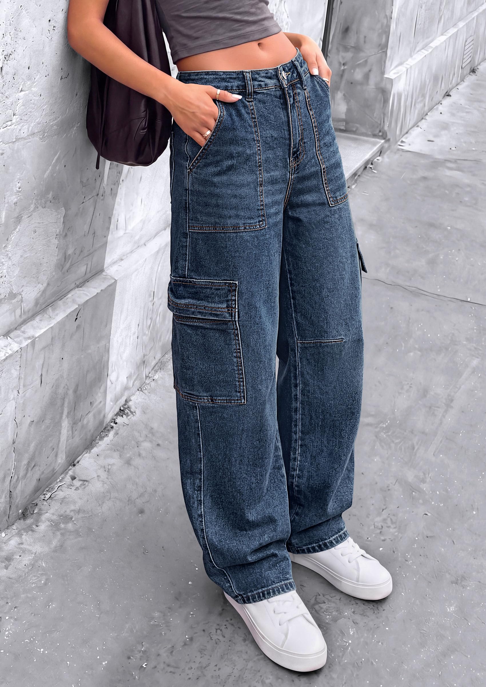 Barrel Pants Women Wide Leg Baggy Denim Jeans Dark Blue,4