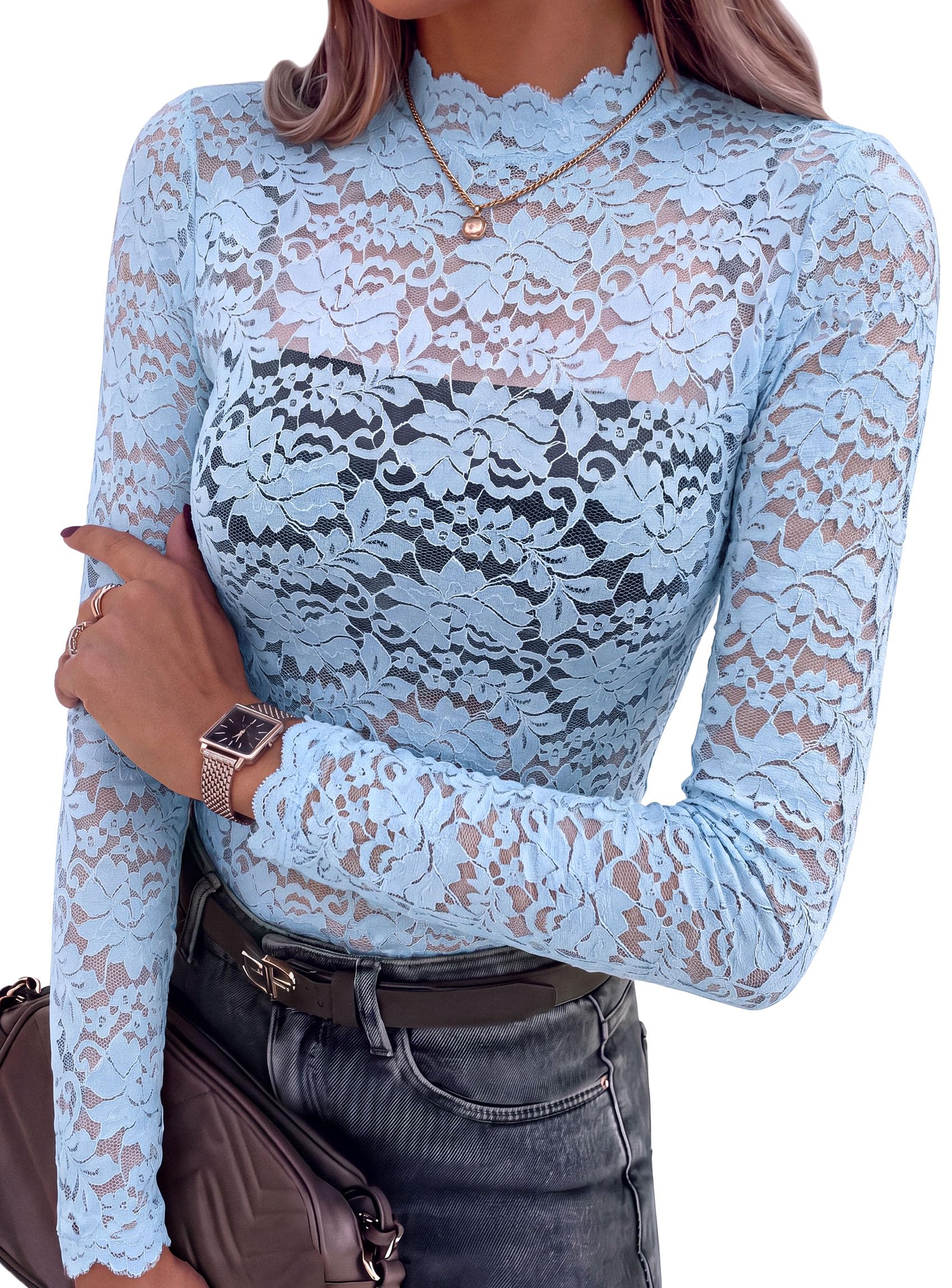 Womens Lace Long Sleeve Tops Sheer Mesh Blouse Blue,S
