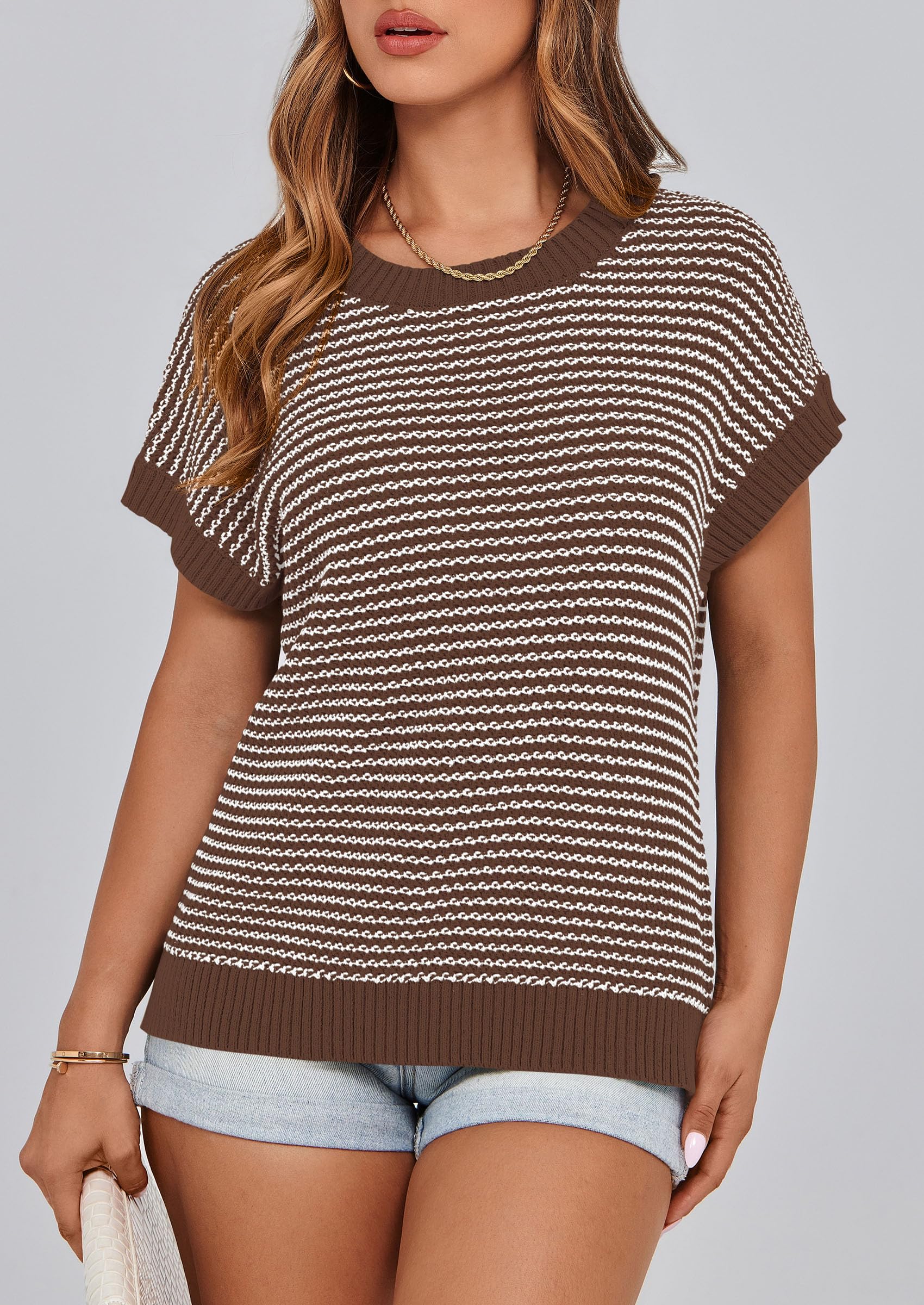 Women's Striped Short Sleeve Sweater Vest Dark Brown,S