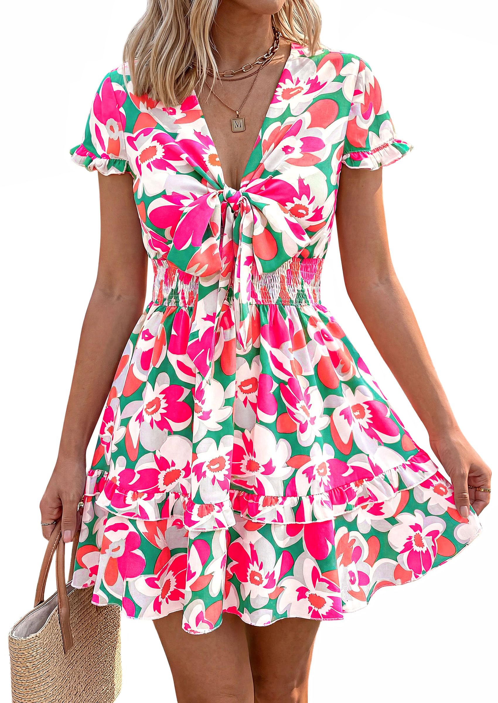 Women's Boho Floral Mini Tiered Bow Dress, Floral Green Pink,S