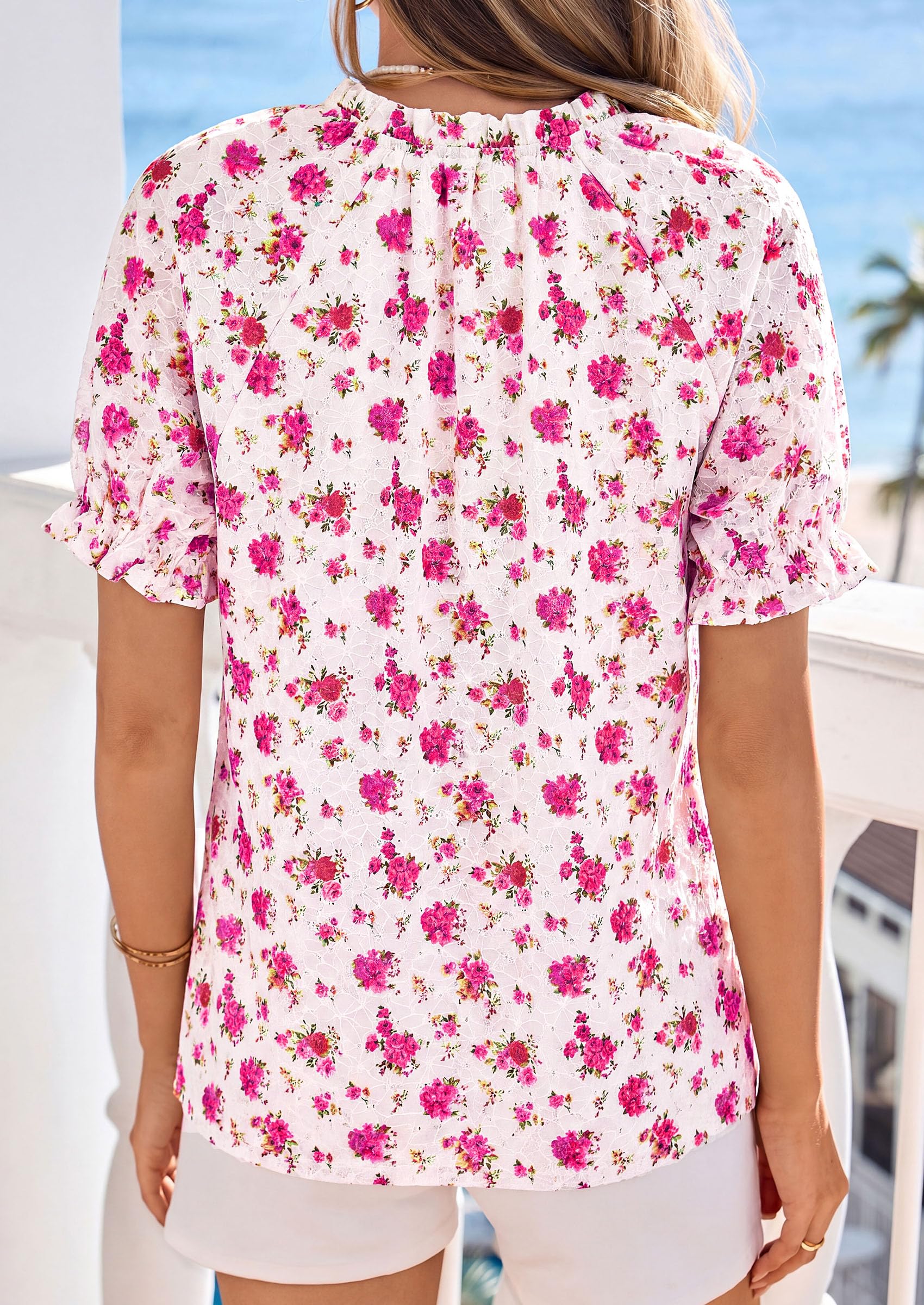 Womens Floral Short Sleeve Blouses,Floral White Rose Red,S