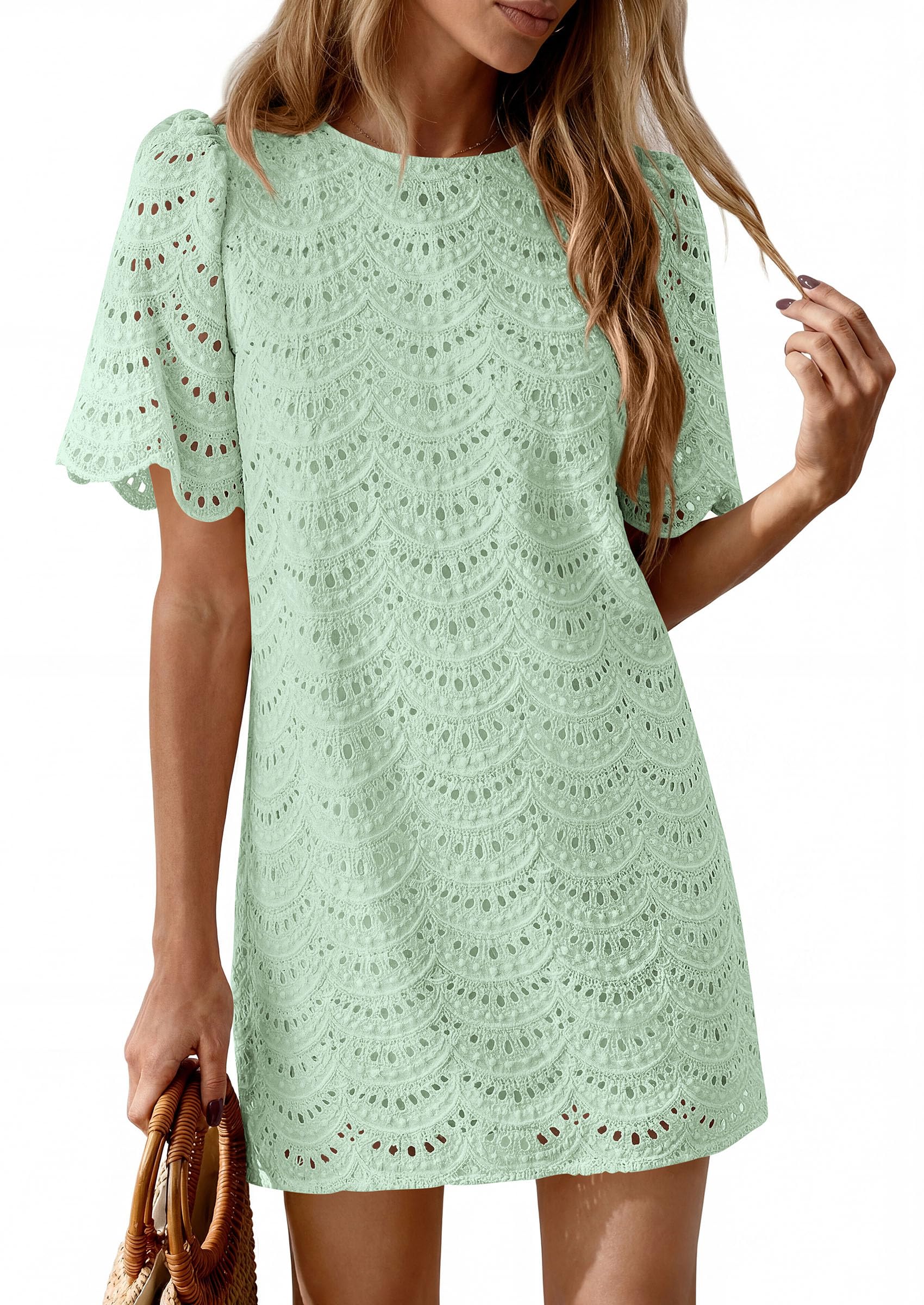 Women's Summer Eyelet Lace Short Dress (Light Green,S)