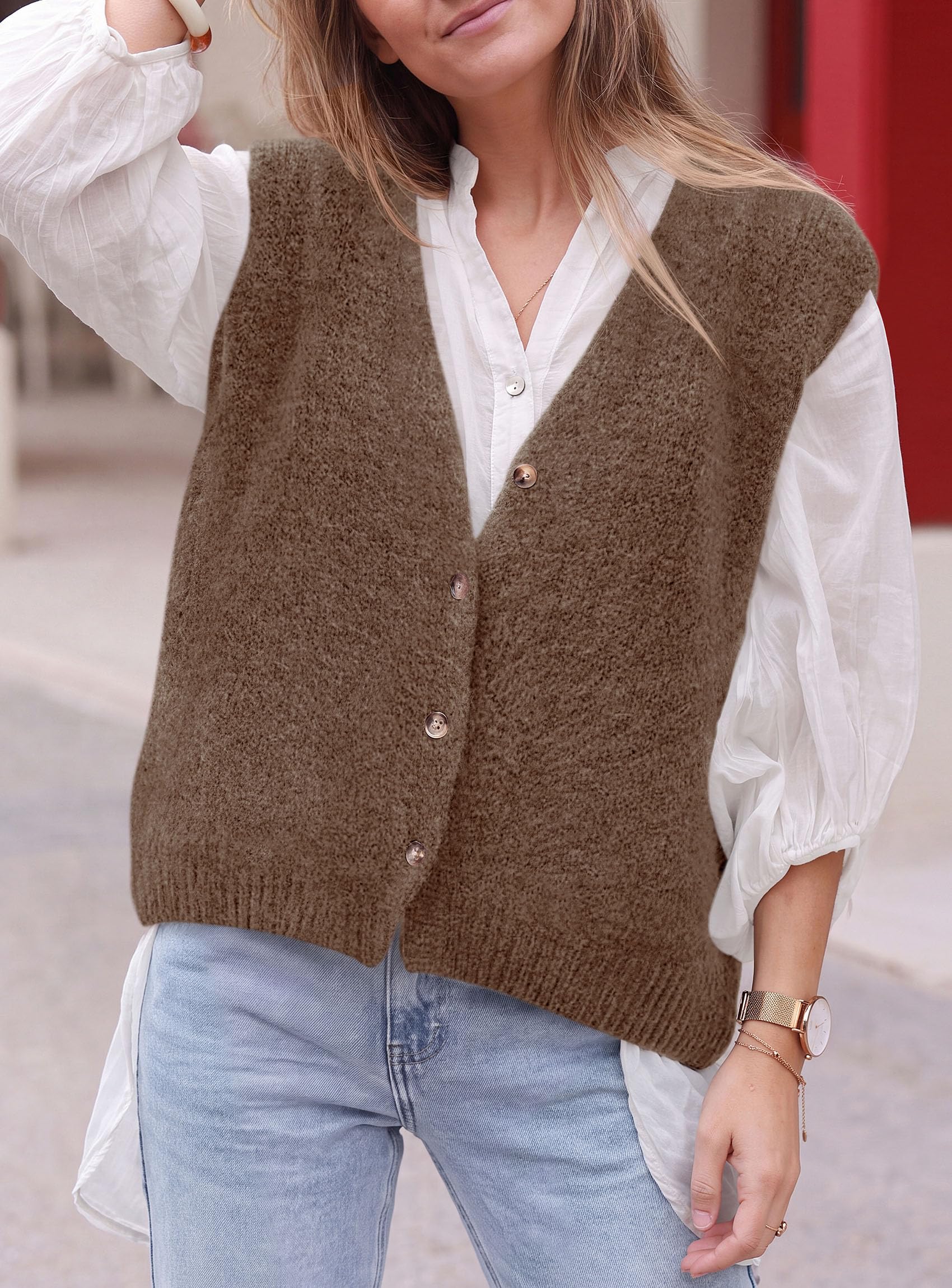 Womens Fall Sleeveless Button Down Sweater Vest,Khaki,S