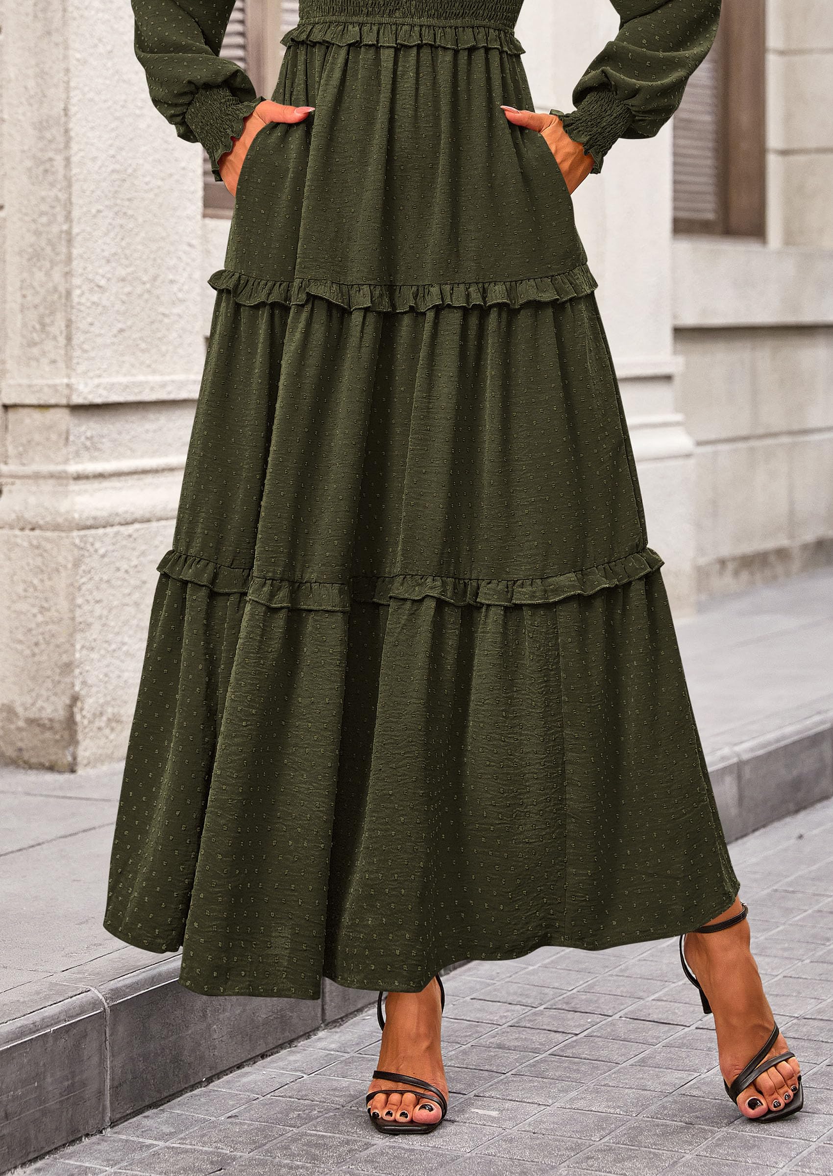 Women's Smocked Long Sleeve Maxi Dress Wedding Guest Dresses