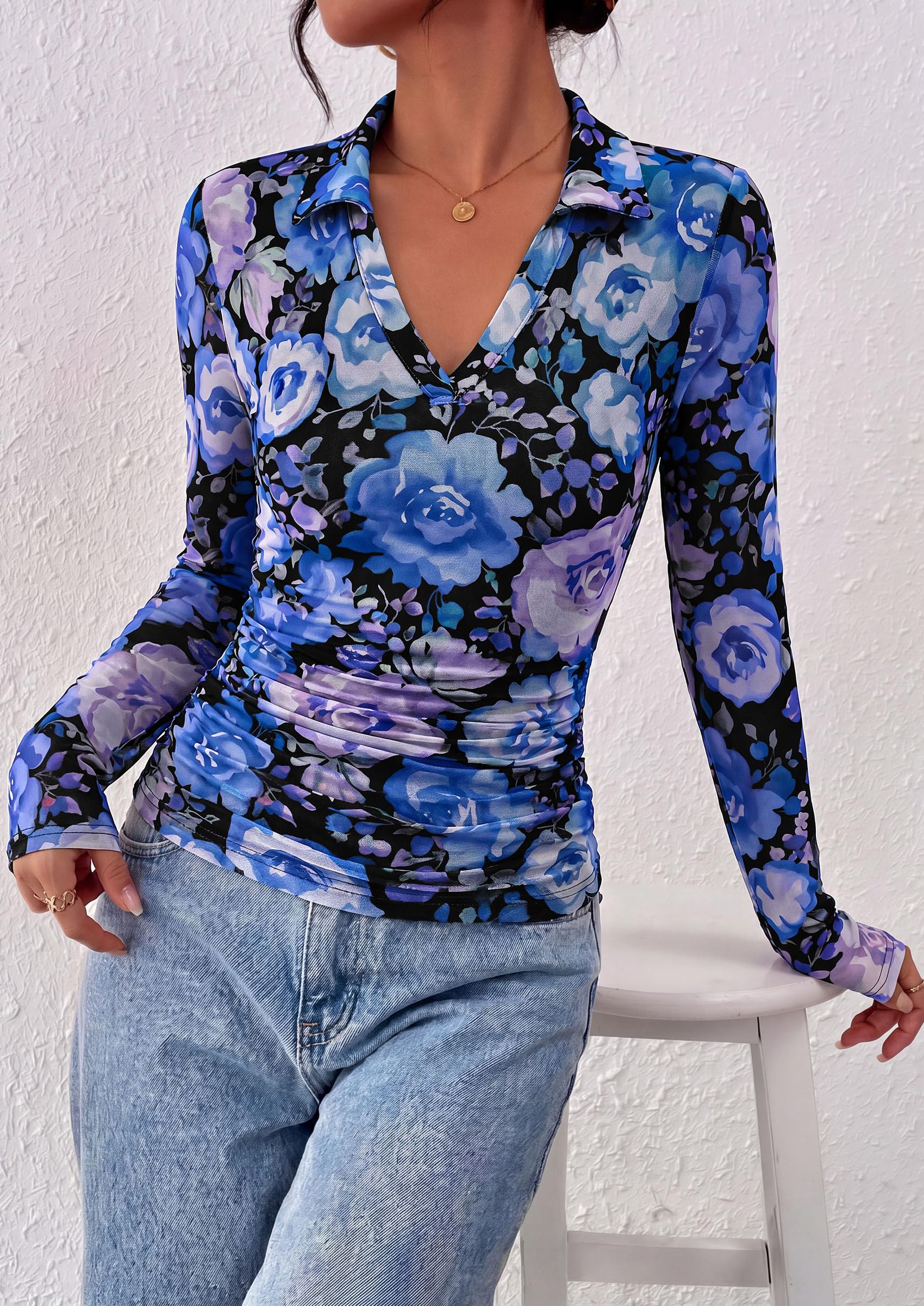 Women's Long Sleeve Boho Floral Mesh Tops Fall V Neck Blouses