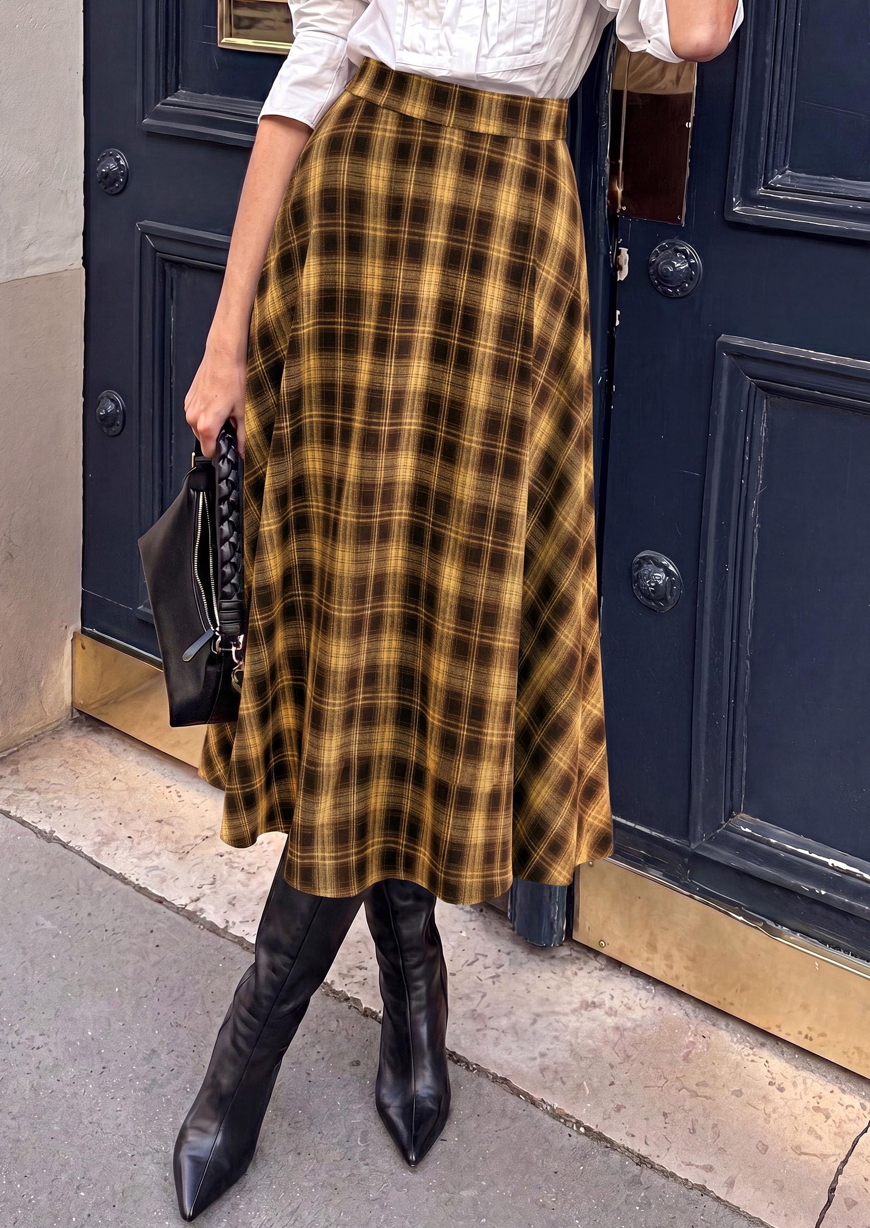 Women's Plaid High Waisted A-Line Midi Skirts,Brown Yellow,S