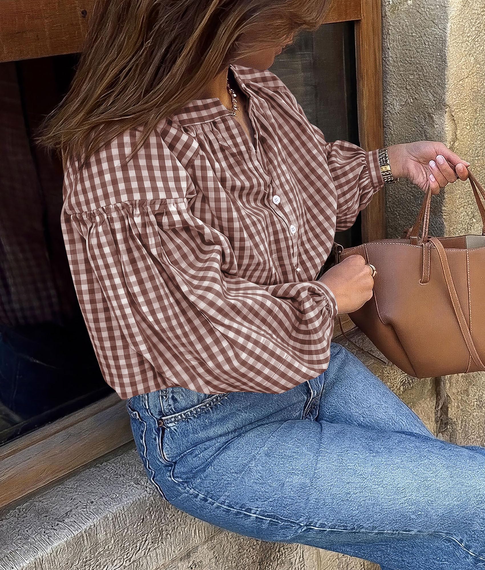 Women Fall Plaid Long Puff Sleeve Shirts V Neck Casual Blouses