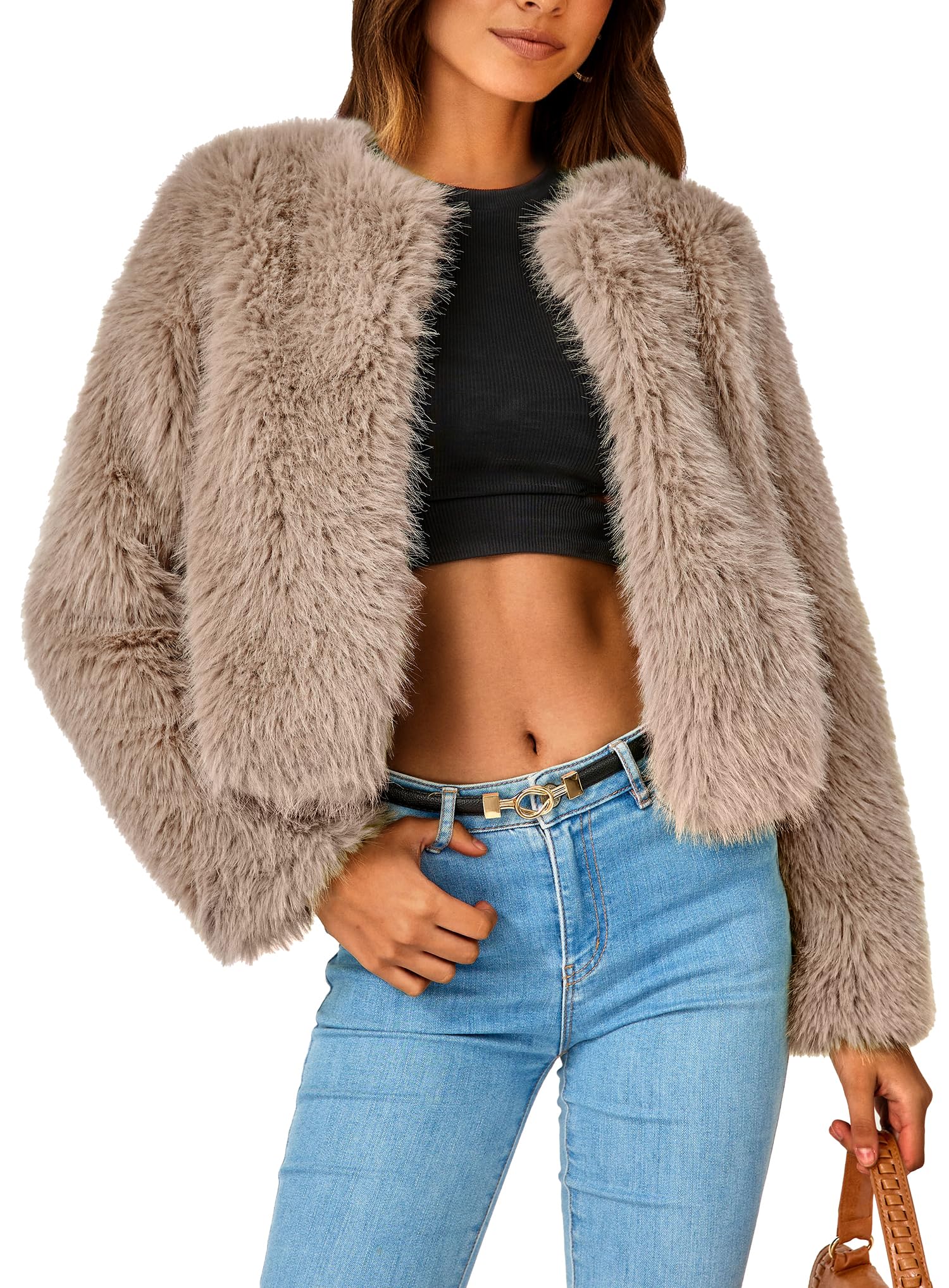 Women's Winter Cropped Faux Fur Coats(Khaki,Small)
