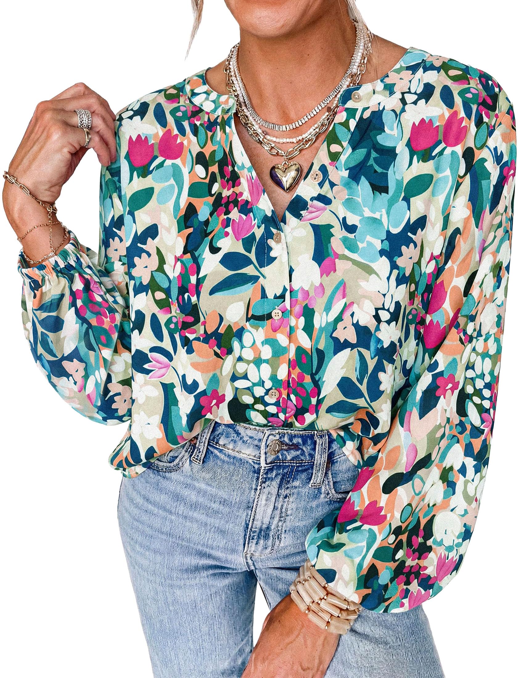 Women's Boho Tops Fall Long Sleeve Button Down Floral Blouses