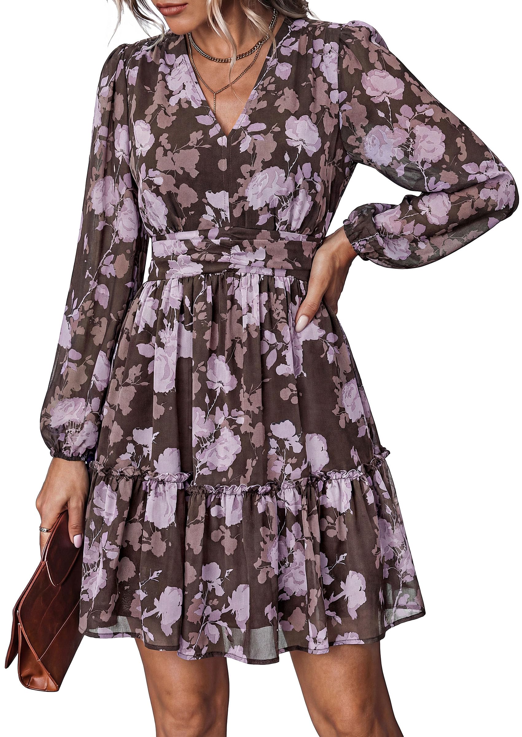 Women Floral Long Sleeve Mini Dress Fall Wedding Guest Dresses