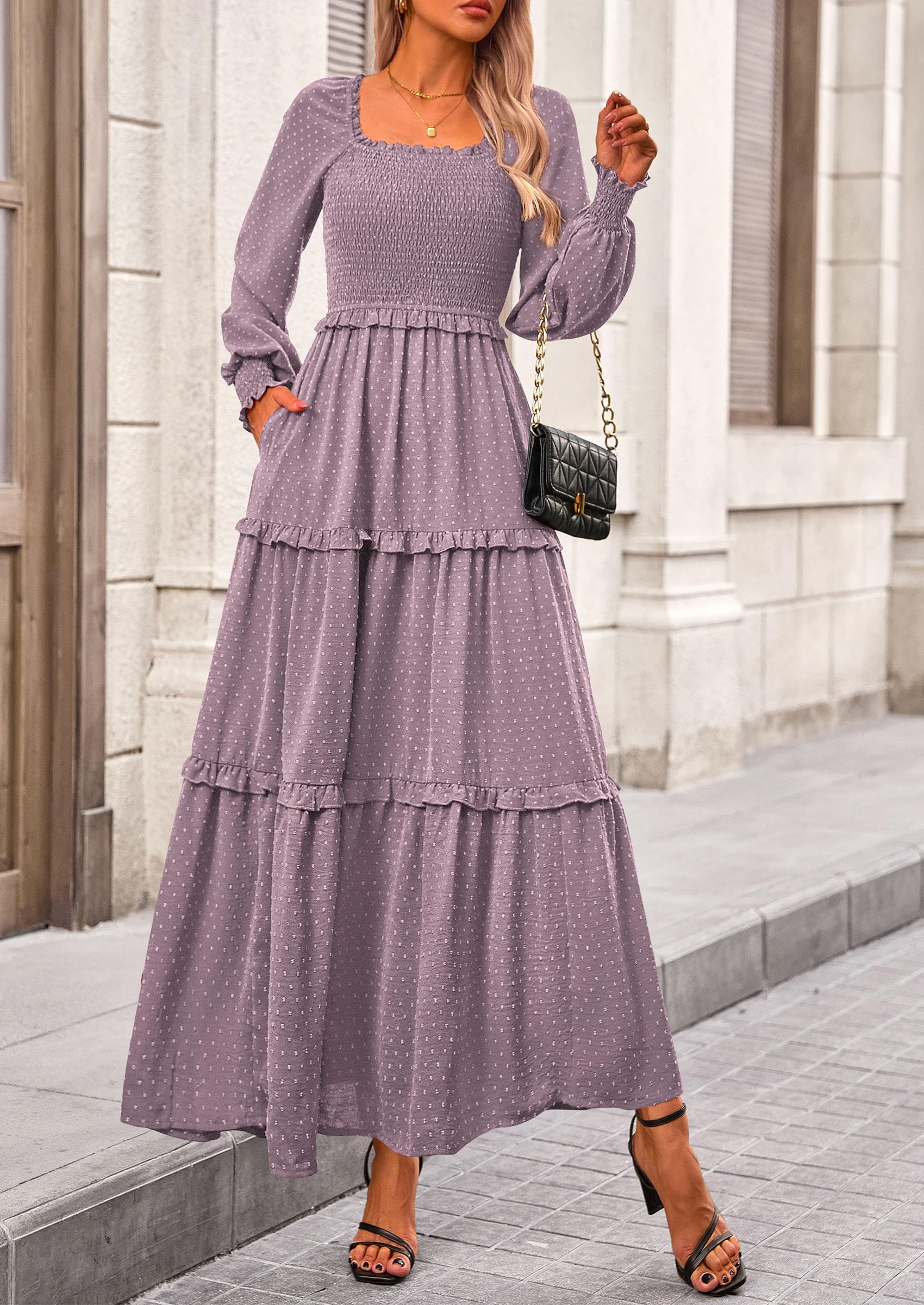 Women's Smocked Long Sleeve Maxi Dress Wedding Guest Dresses