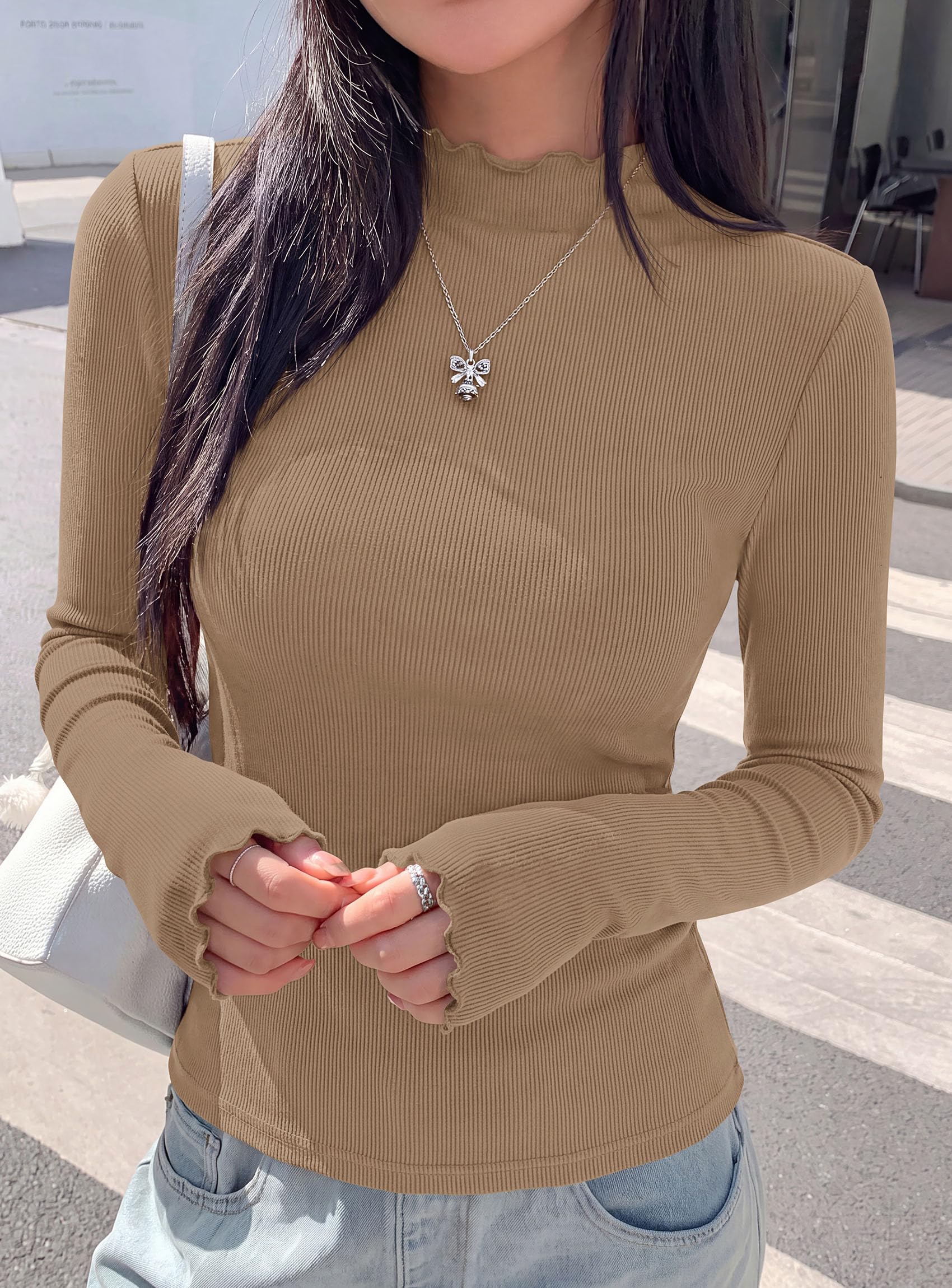 Women's Long Sleeve T Shirts Lettuce Trim Mock Neck Tops
