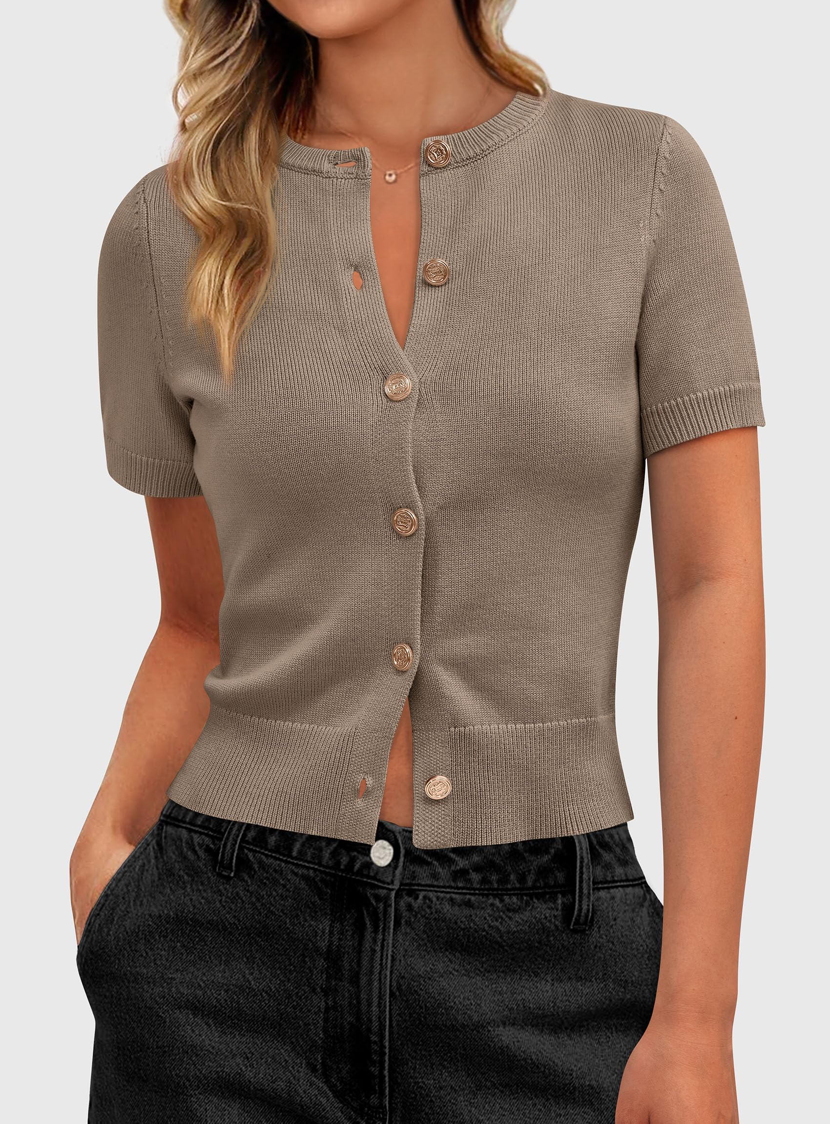 Womens Summer Cardigan Short Sleeve Sweater,Camel,S