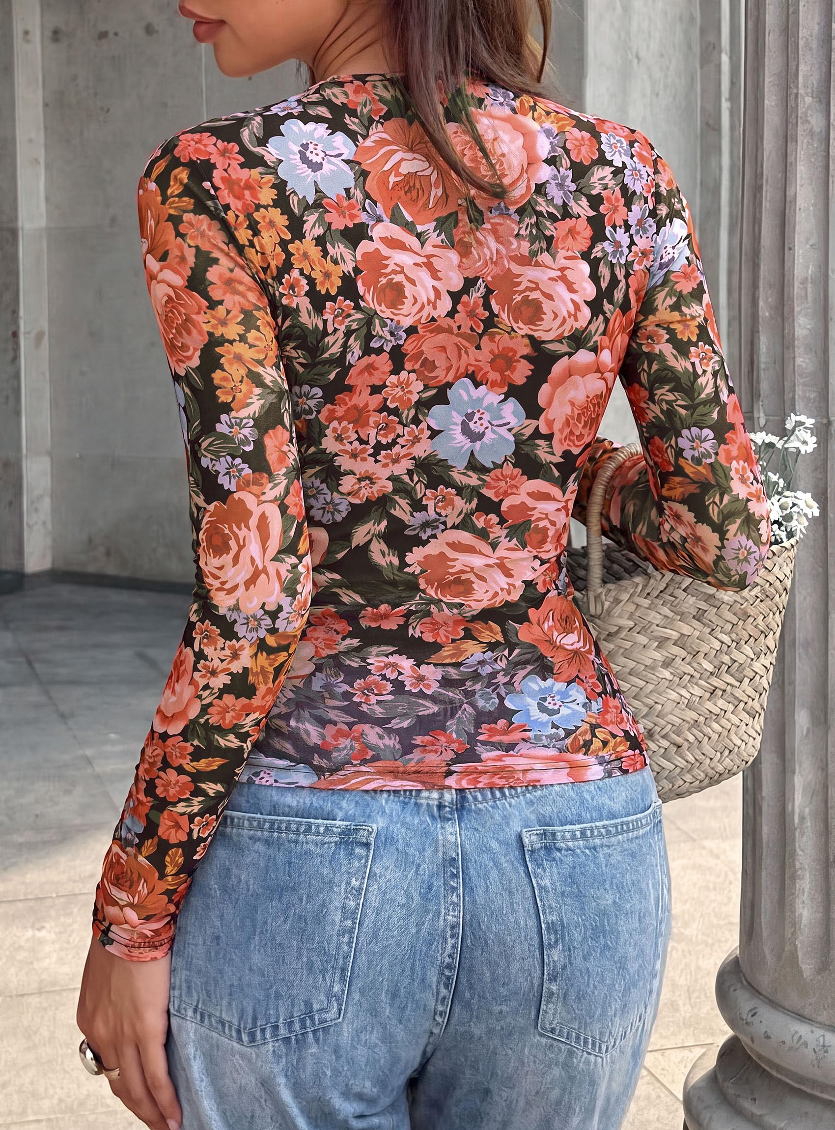 Womens Mesh Wrap Dressy Top Floral V Neck Long Sleeve Shirts