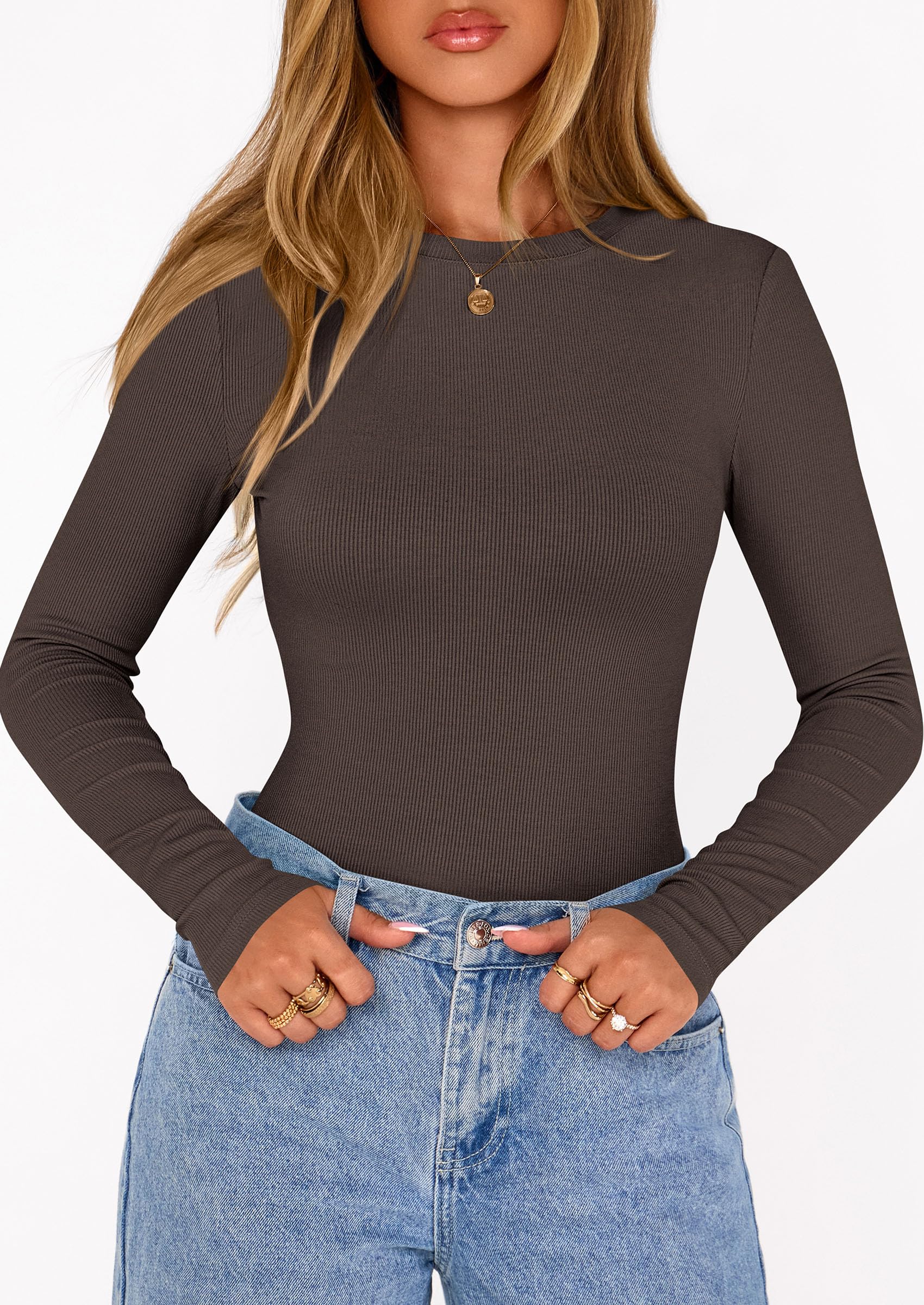 Bodysuits for Women Fall Ribbed Knit Long Sleeve T Shirts