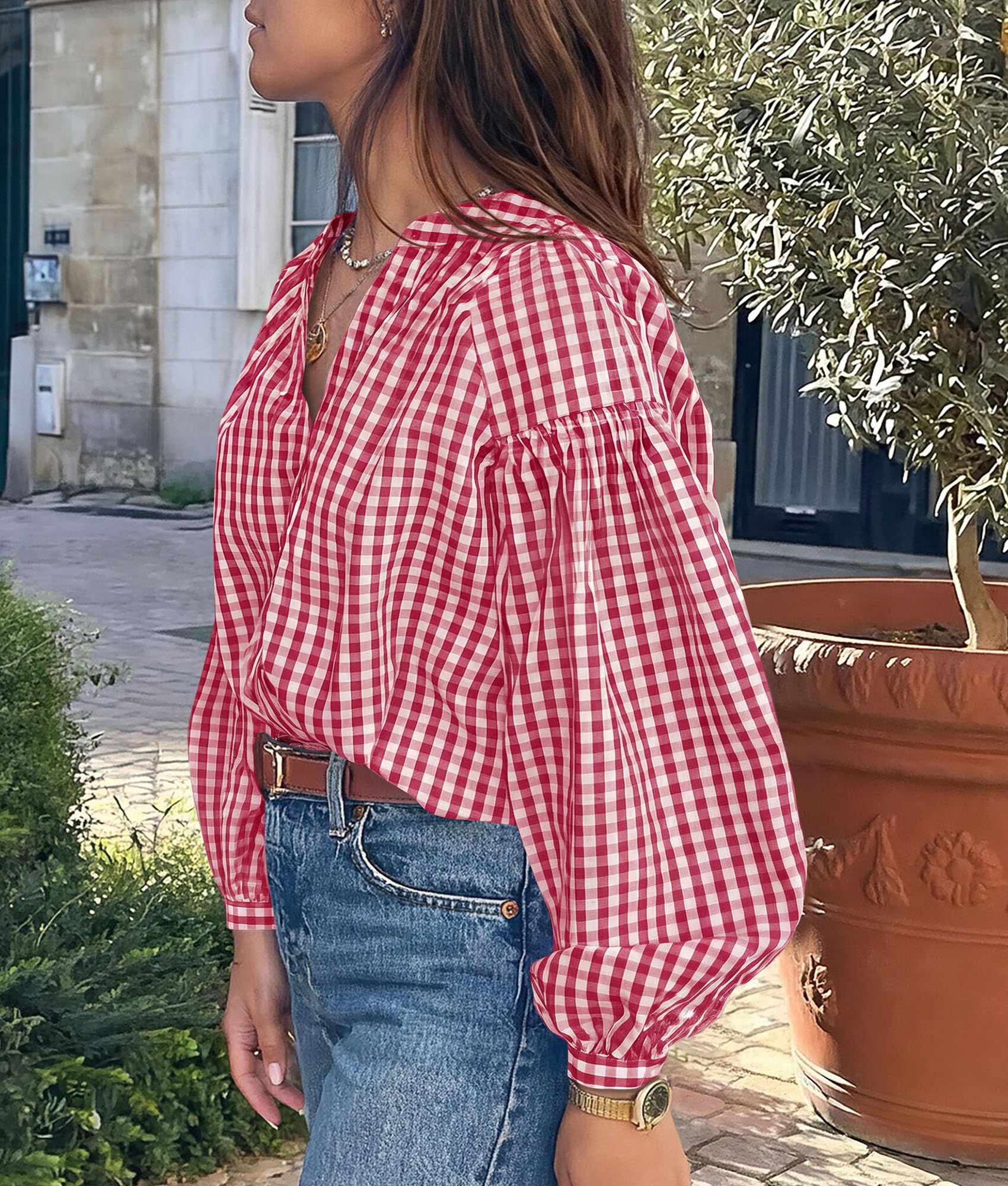 Women Fall Plaid Long Puff Sleeve Shirts V Neck Casual Blouses