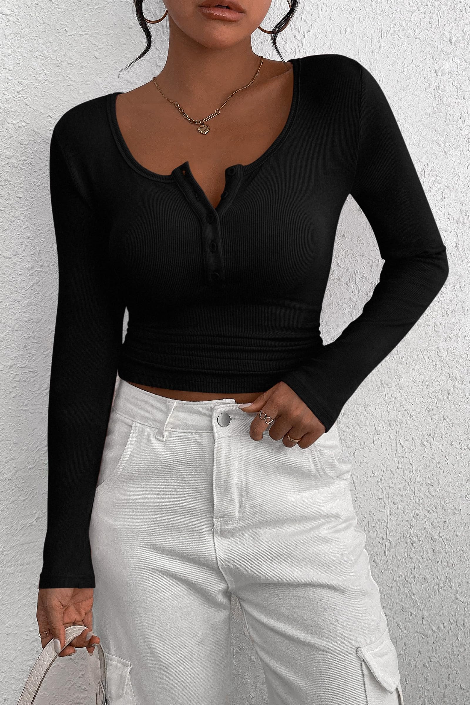 Women's Fall Long Sleeve Henley T Shirts Black