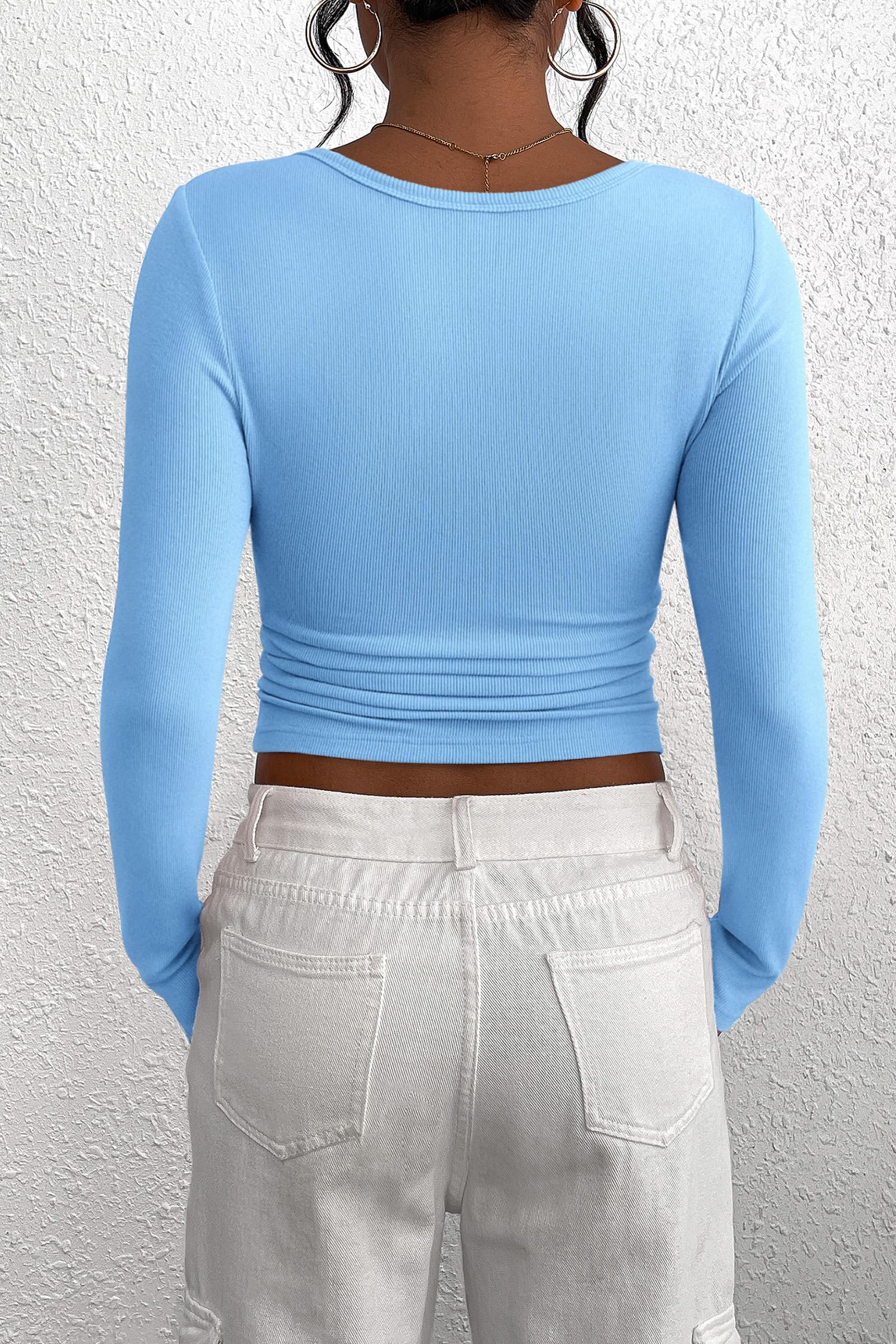 Women's Fall Long Sleeve Henley T Shirts Light Blue