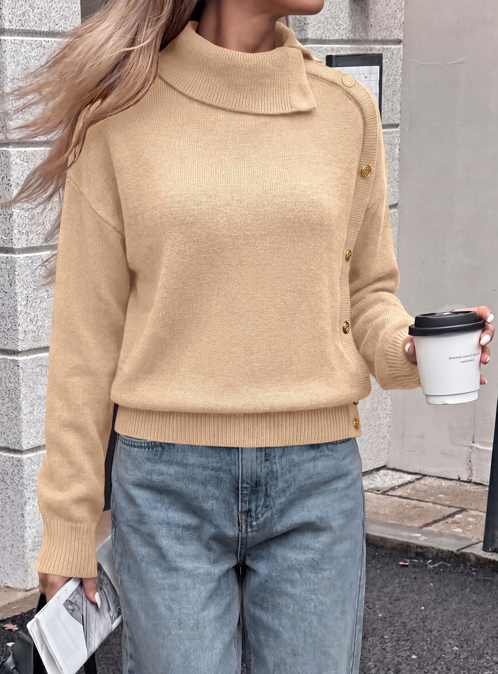 Womens Turtleneck Sweater Pullover Side Button Fall Clothes