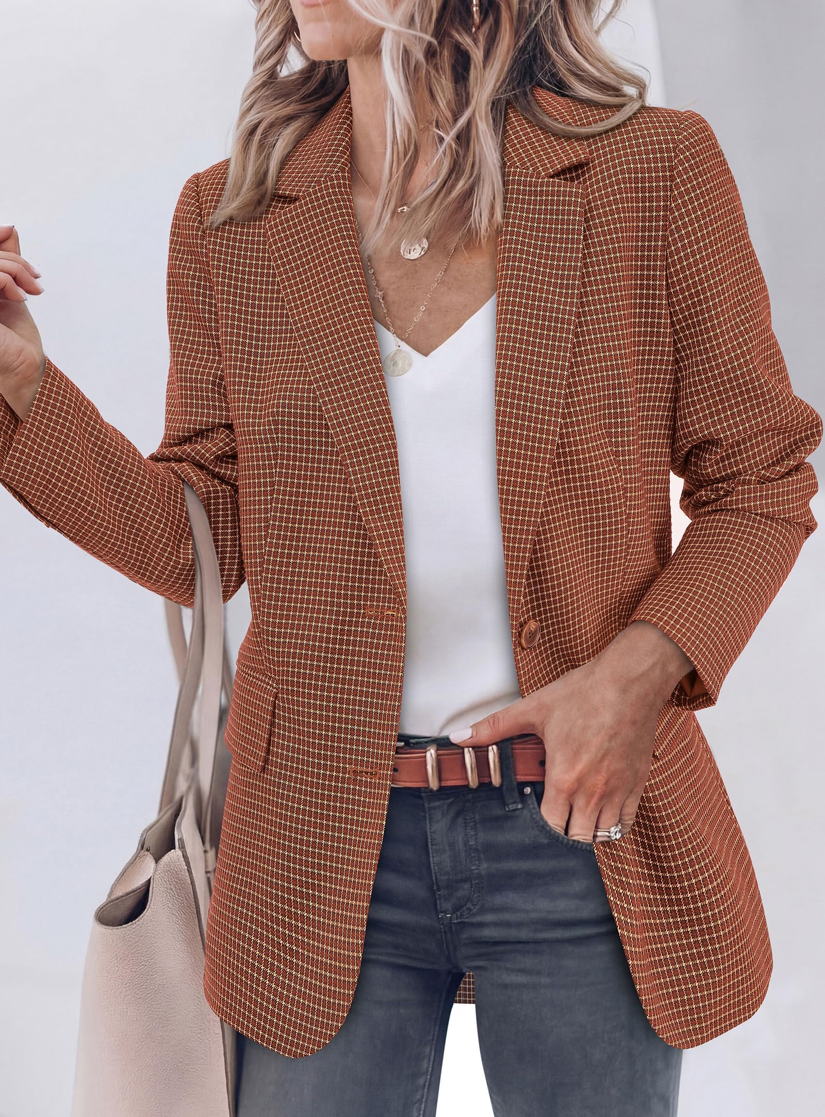Fall Plaid Blazers for Women Business Casual Caramel S