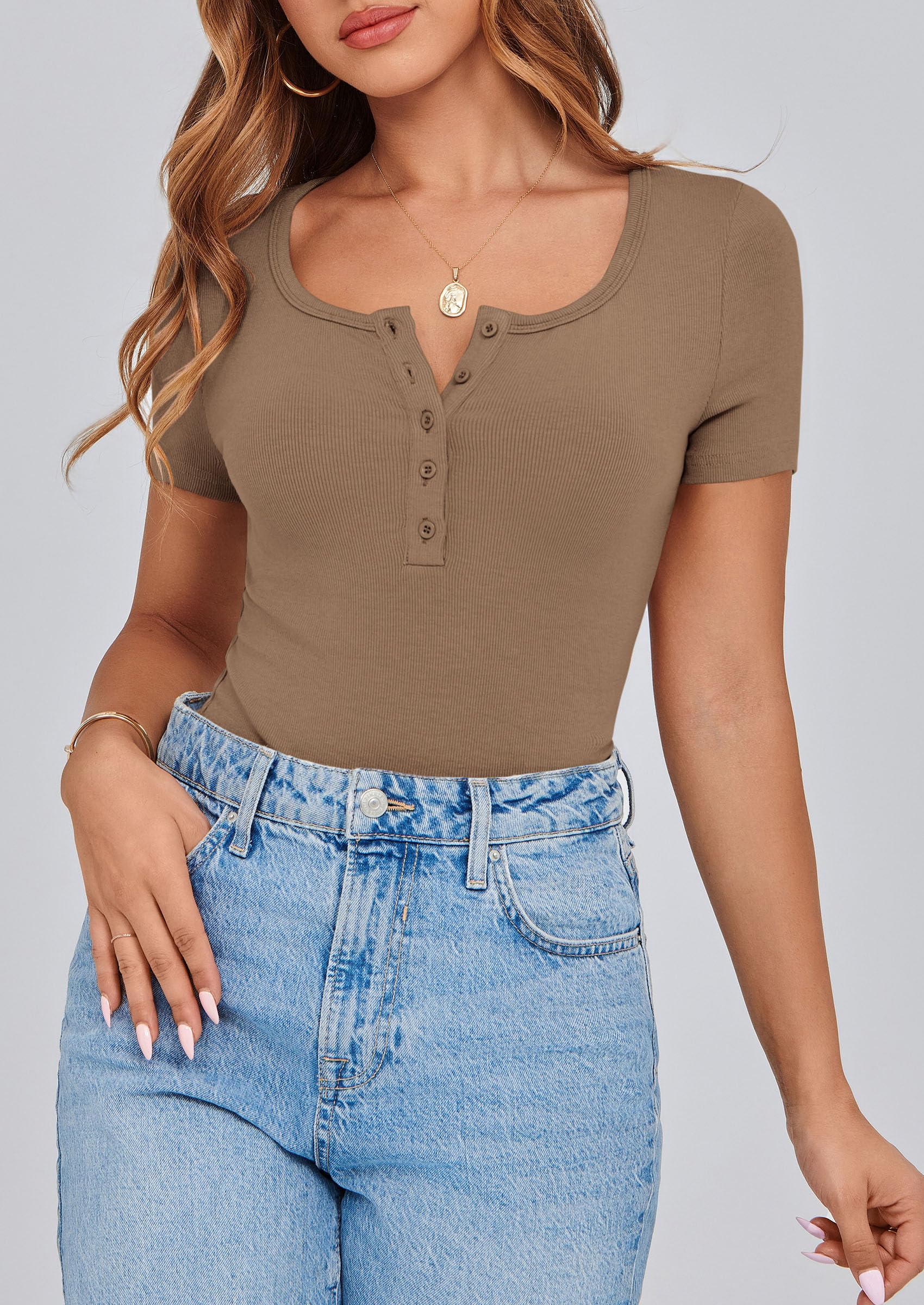Women's Summer Tops Henley Tee Shirts (Light Brown,X-Small)