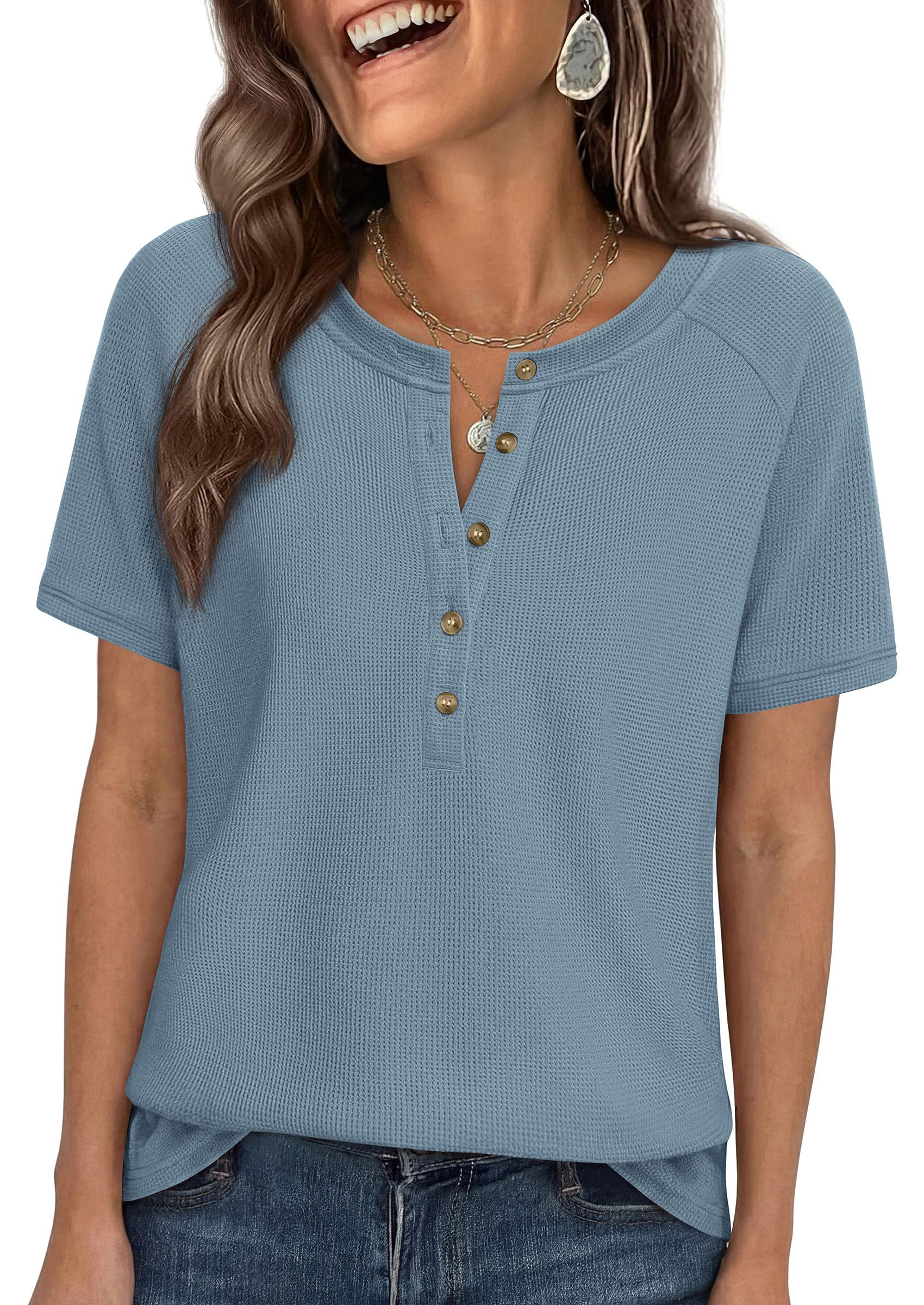 Women's Short Sleeve Waffle Knit Henley Shirts, Dusty Blue,S