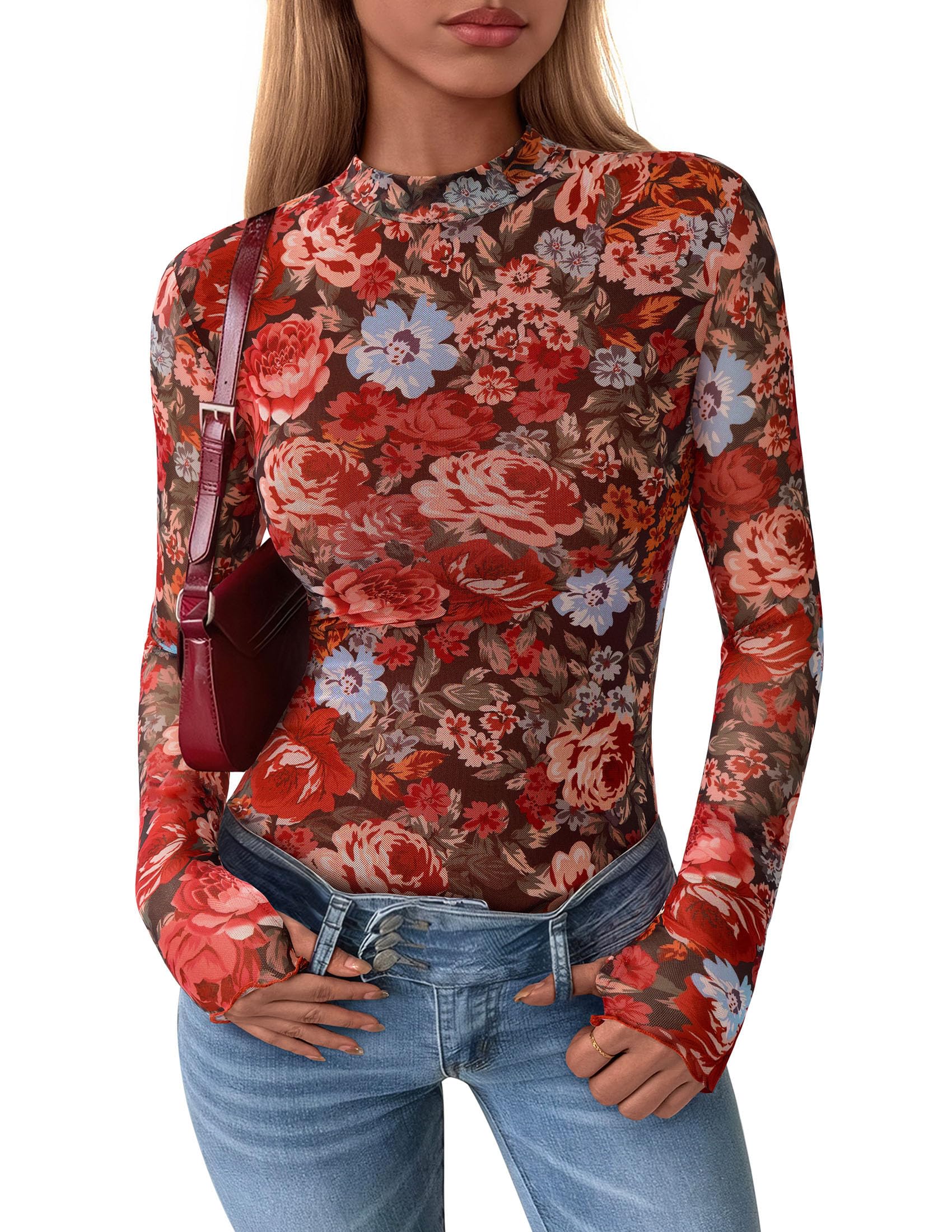 Womens Floral Mesh Long Sleeve Tops Fall Slim Fitted Shirts