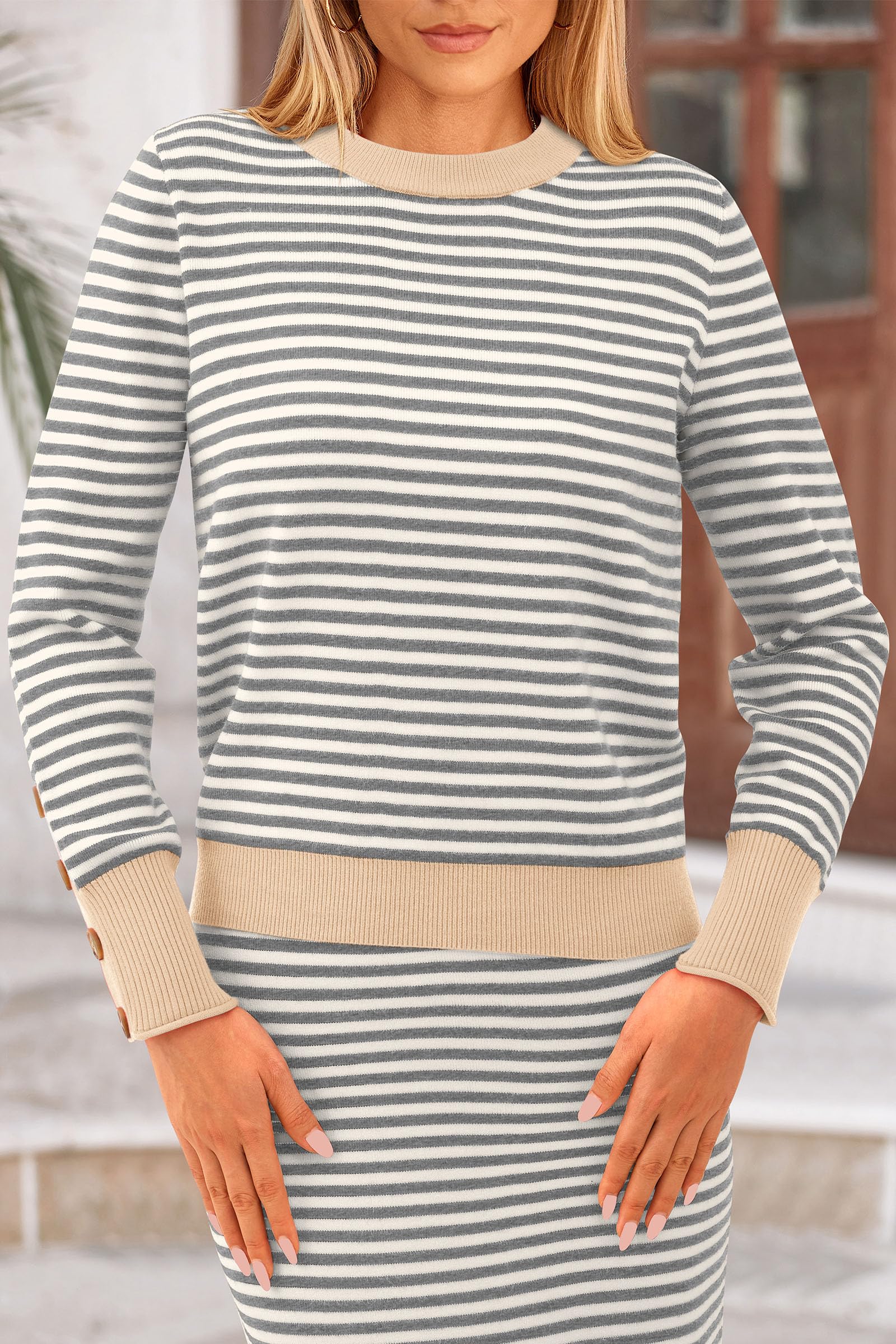 Women's 2 Piece Striped Sweater Skirt Set Fall Matching Sets