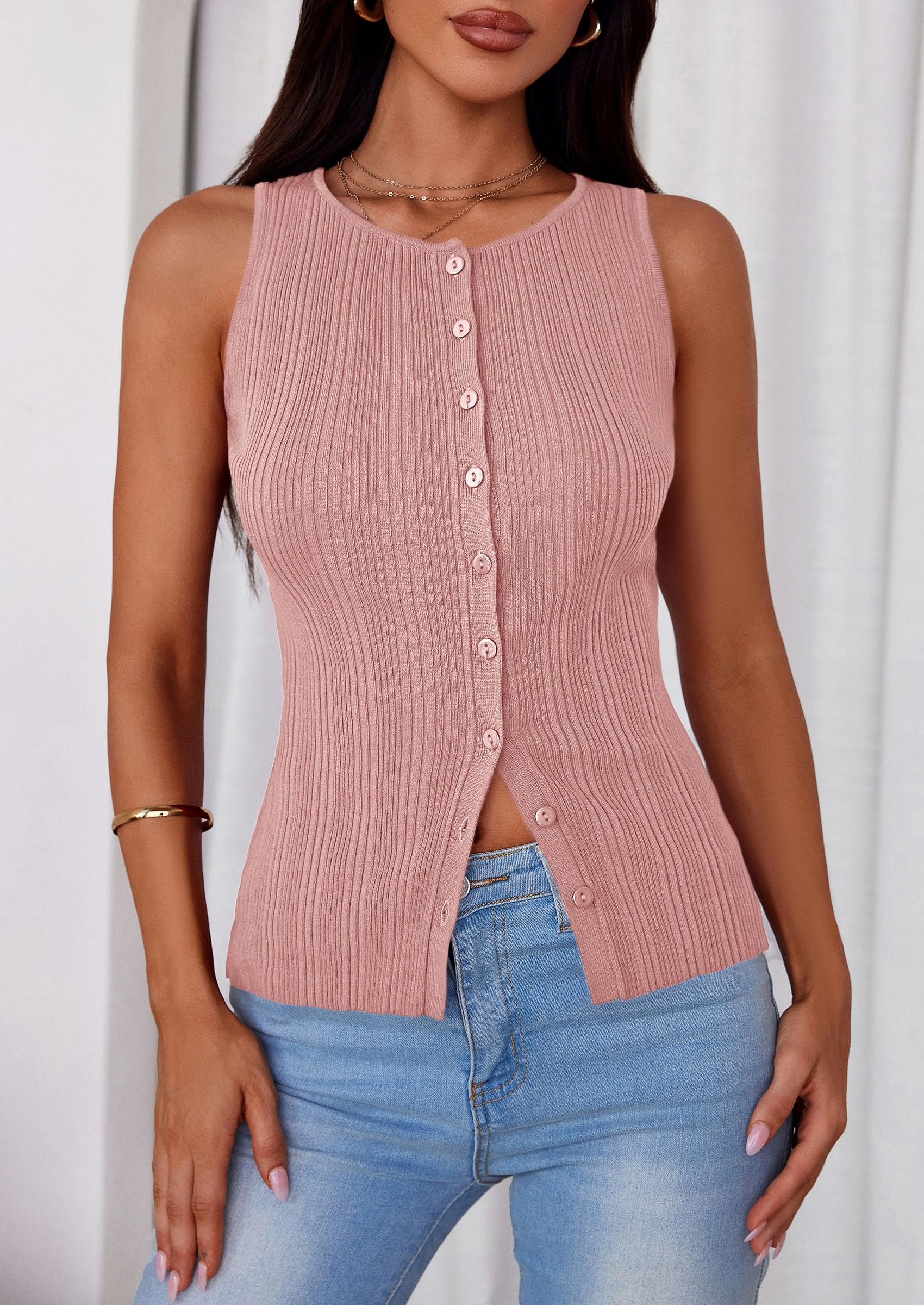 Sleeveless Button Down Shirts for Women Summer 2026 Going Out Ribbed Knit Tank Tops Y2K Clothes Trendy Vest Tops Pink