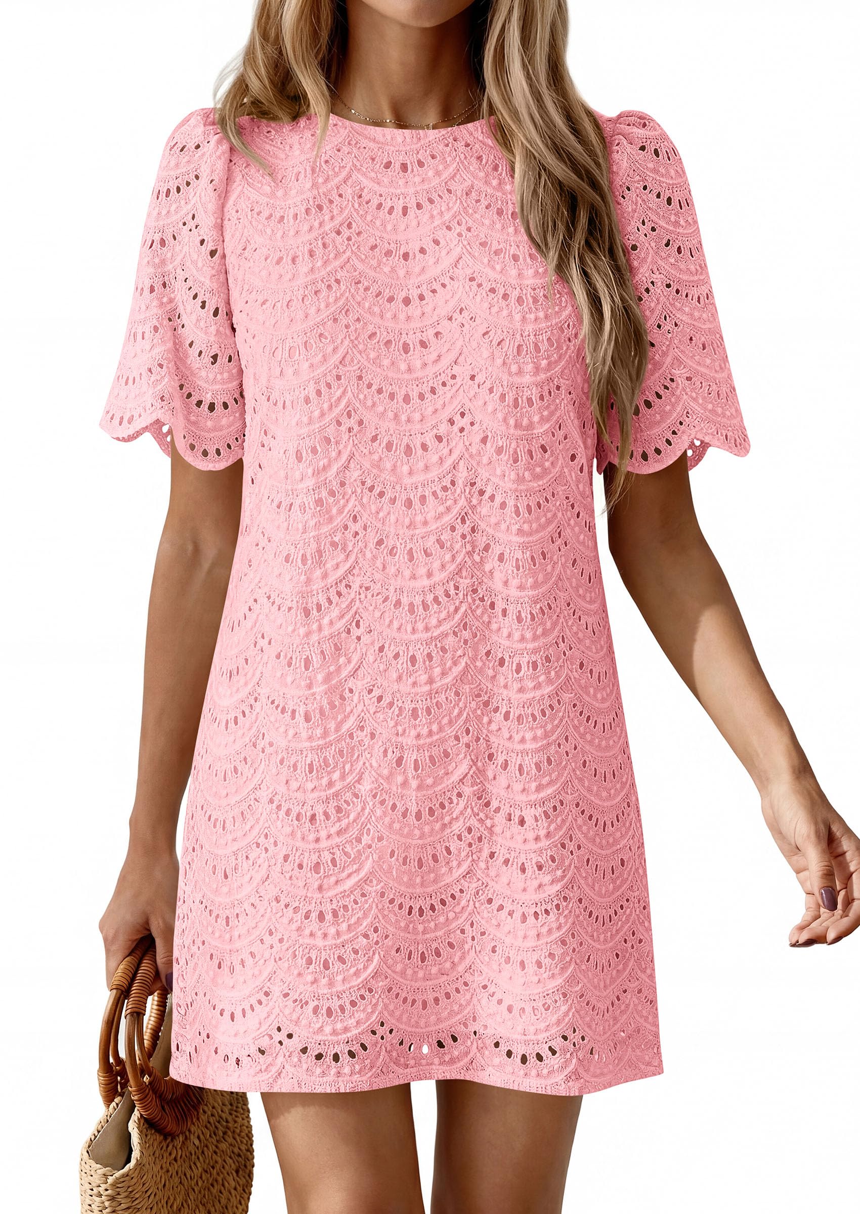 Women's Summer Eyelet Lace Short Dress (Pink,S)