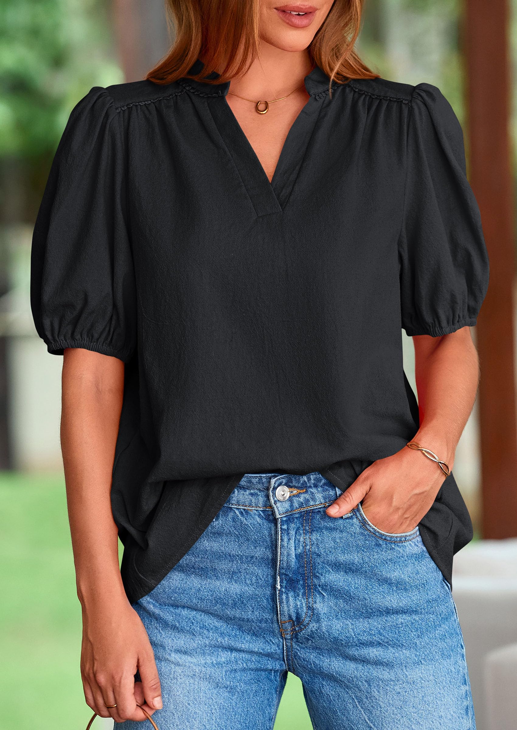 Womens Short Puff Sleeve V Neck Blouses,Black,S