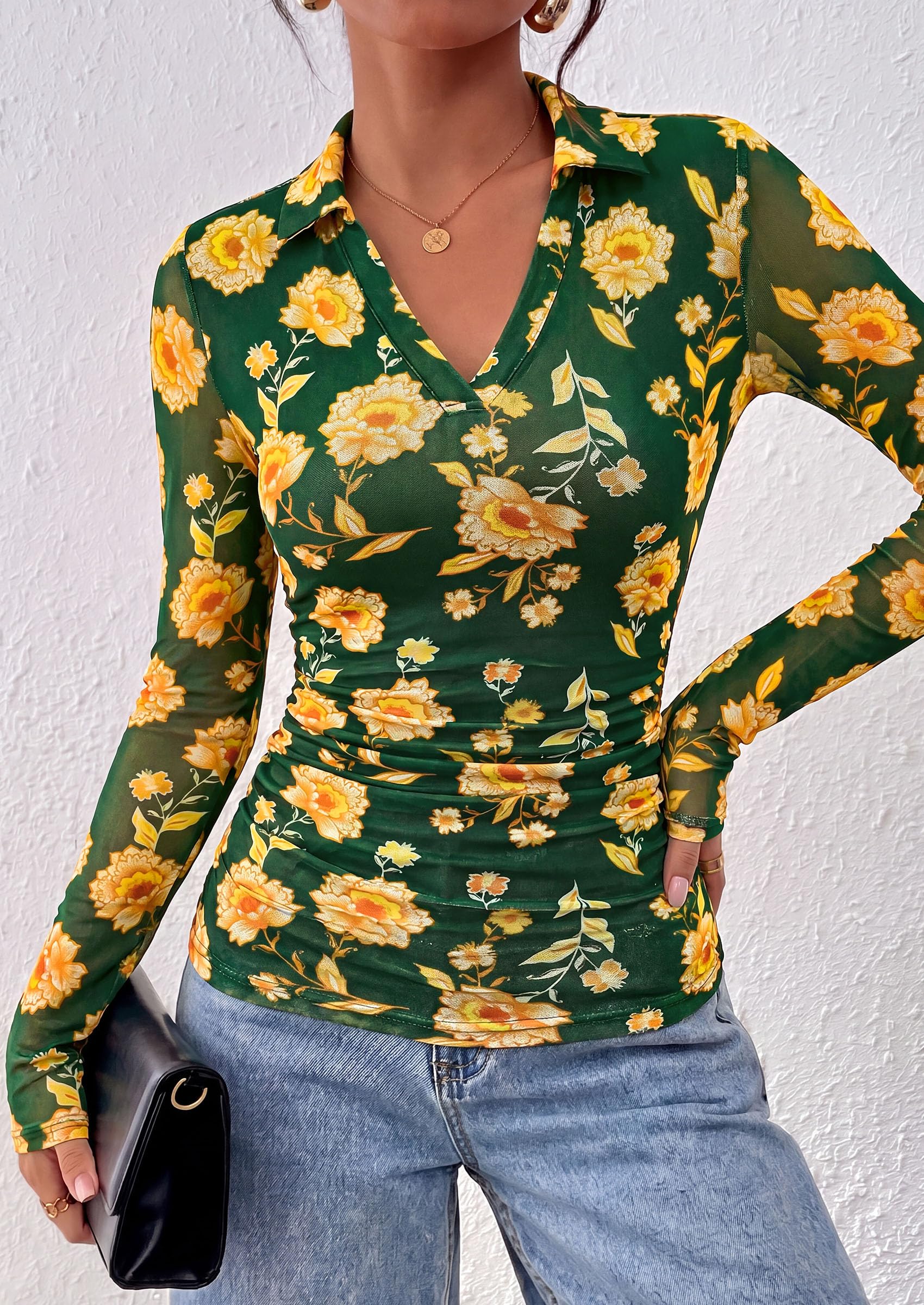 Women's Long Sleeve Boho Floral Mesh Tops Fall V Neck Blouses