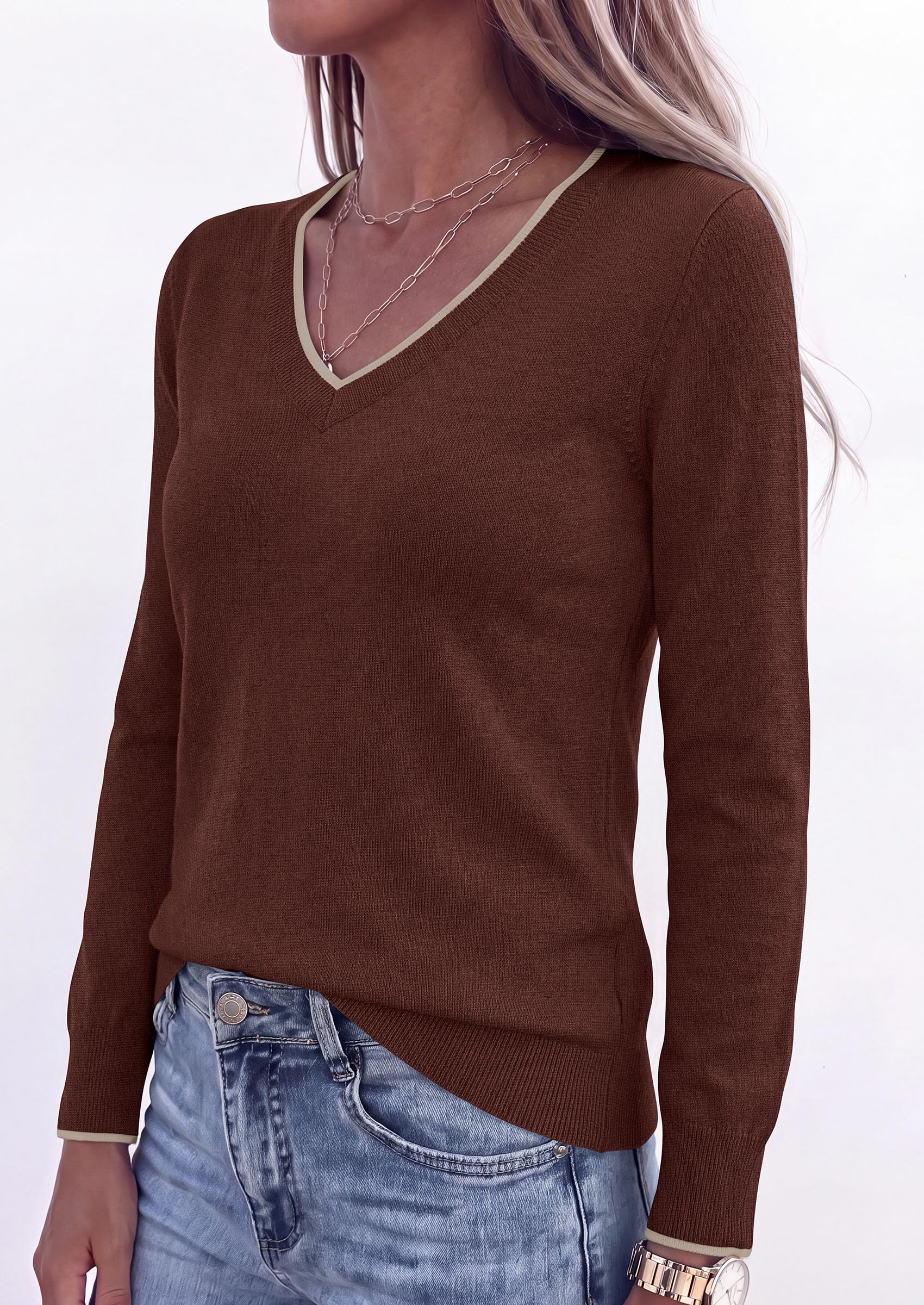 Women's V Neck Sweater Long Sleeve Knit Tops (Brown,S)