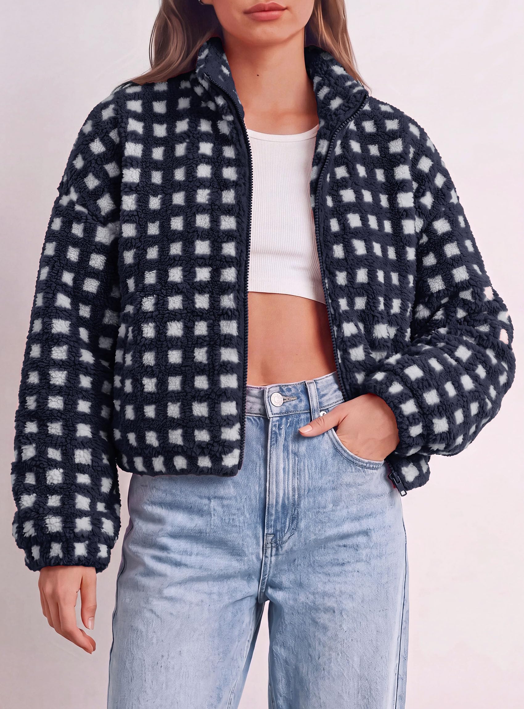 Women's Gingham Sherpa Fleece Jacket Plaid Cropped Teddy Coat