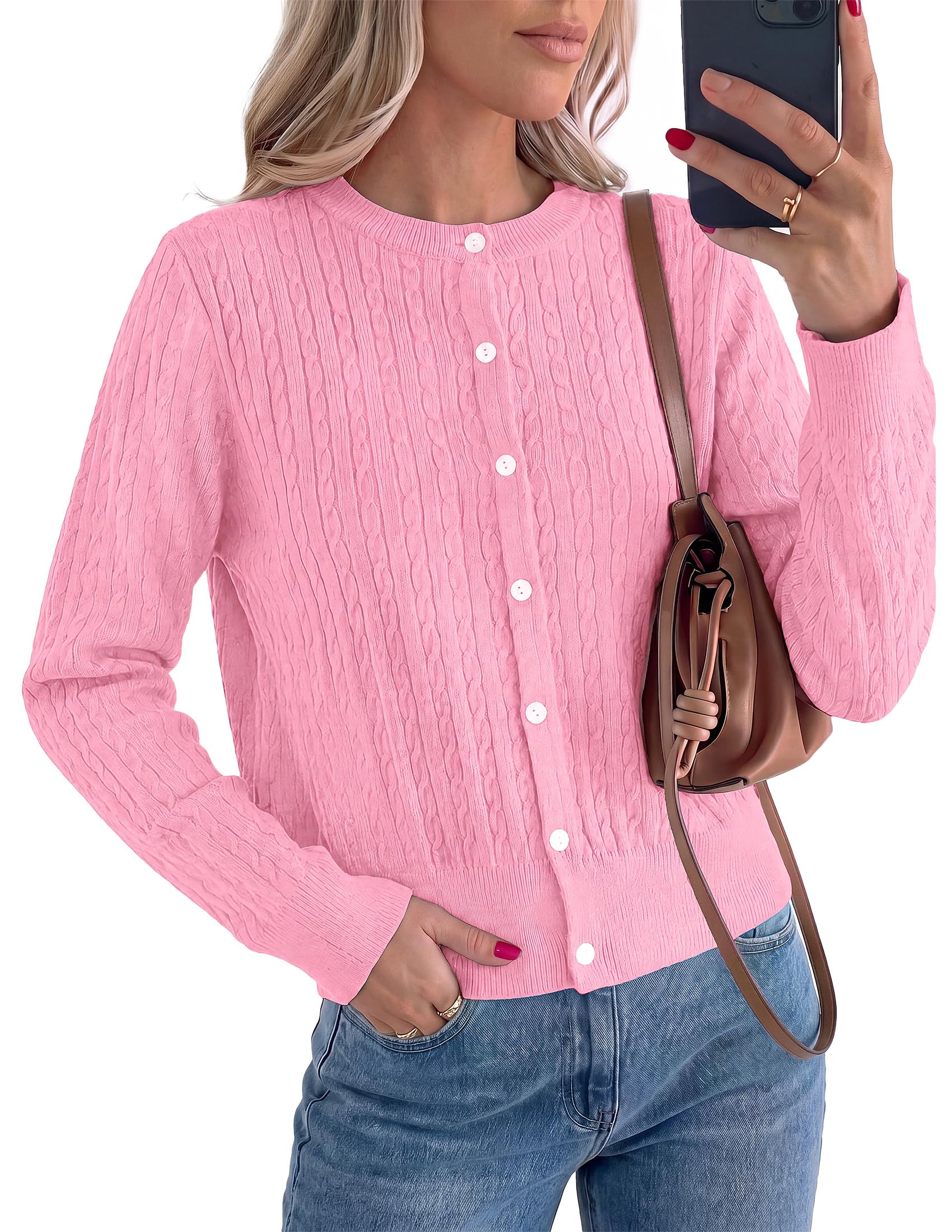 Women Fall Lightweight Cardigans Button Up Cable Knit Sweaters