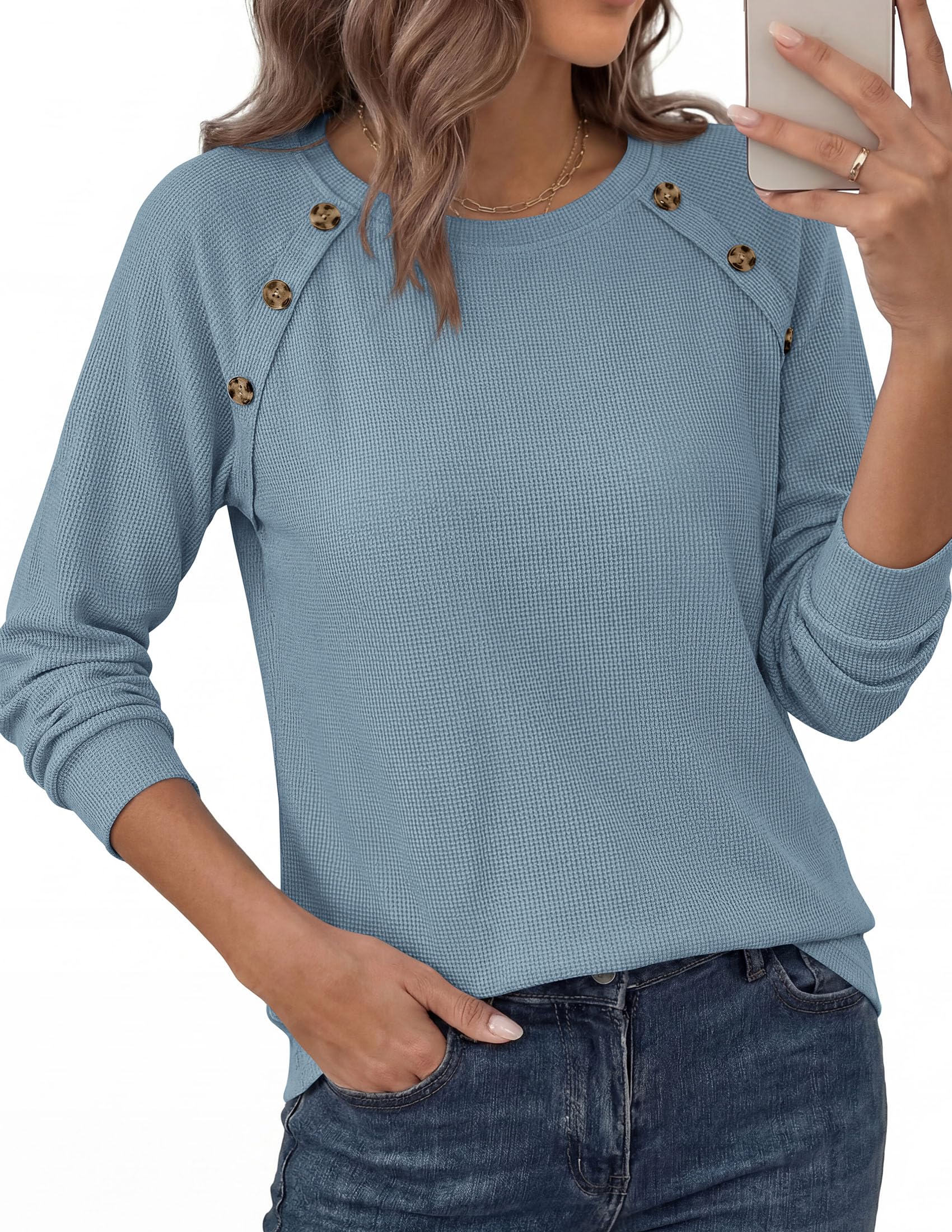 Fall Long Sleeve Waffle Knit Shirts for Women Loose Tunic Tops