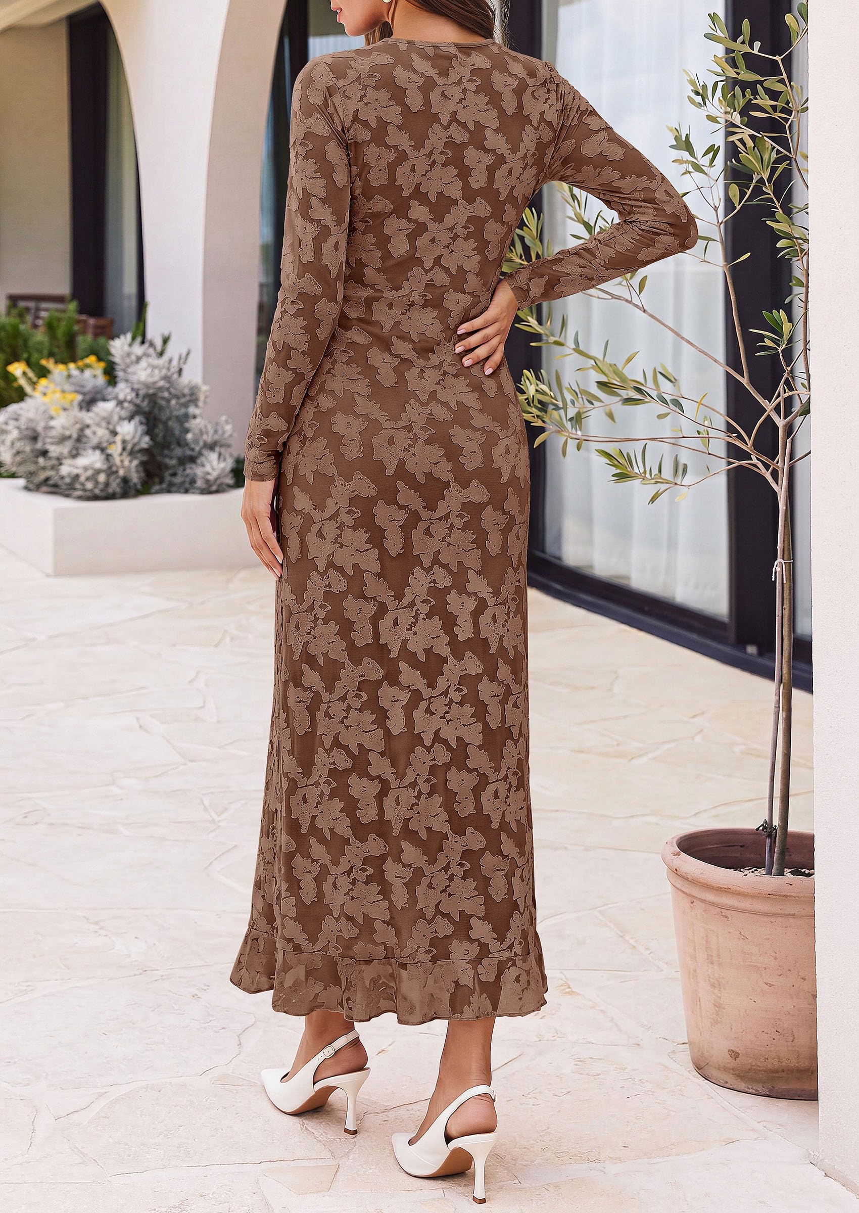 Women's Formal Maxi Floral Dresses with Slit (Brown,XS)