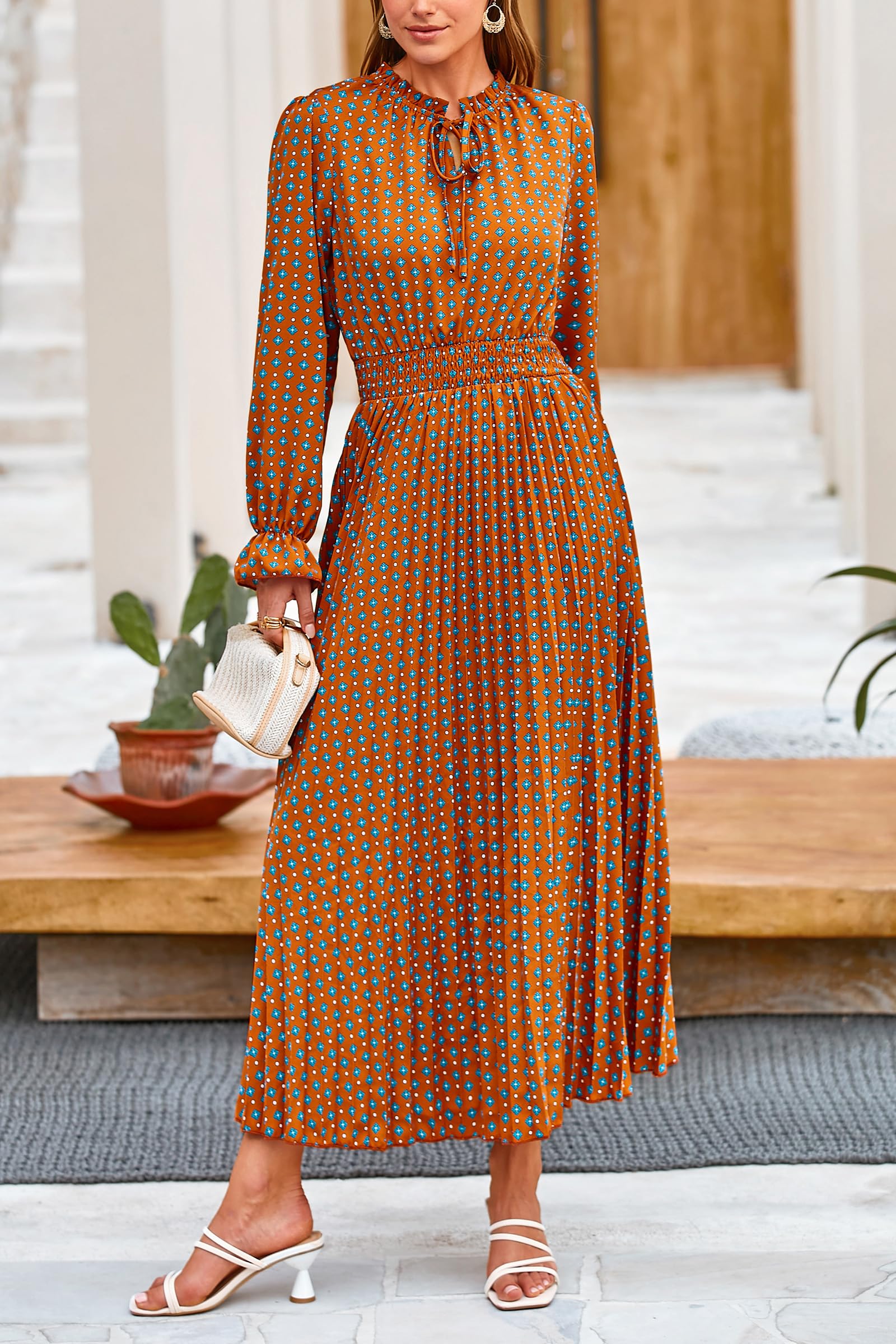 Women's Fall Midi Wedding Guest Dress(Brown Blue Floral,S)