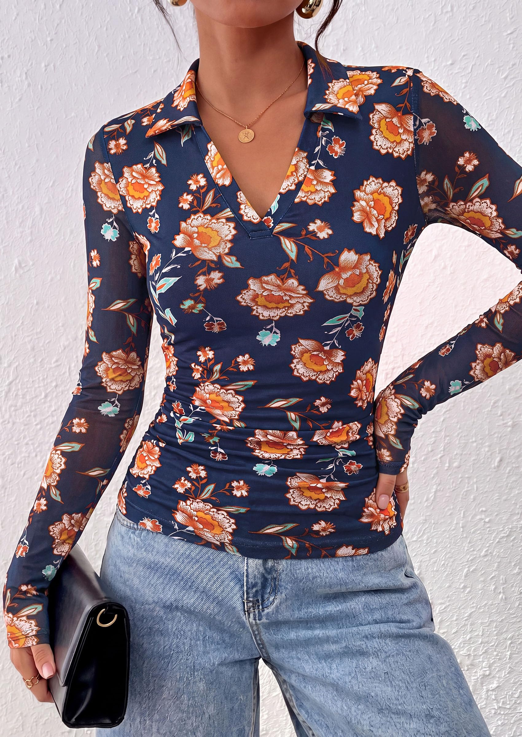 Women's Long Sleeve Boho Floral Mesh Tops Fall V Neck Blouses