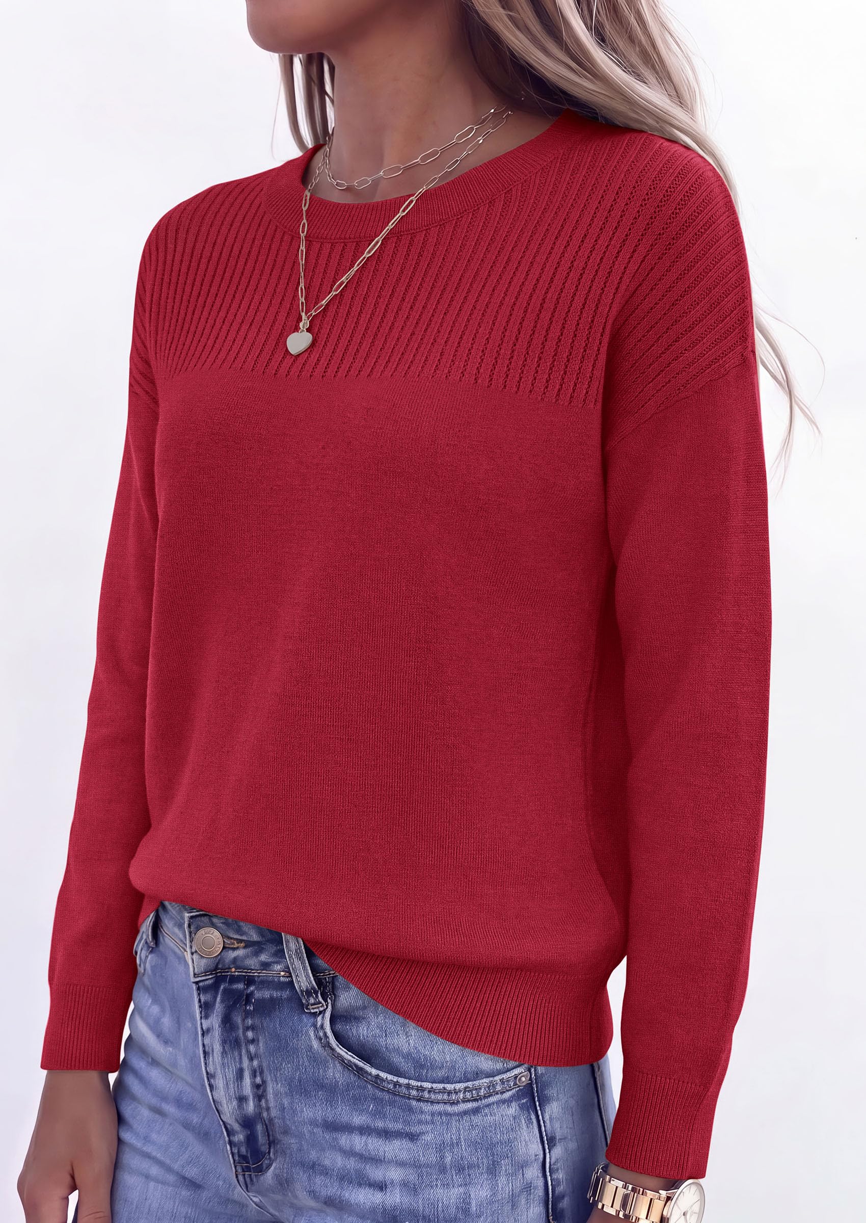 Sweaters for Women Fall Crewneck Knit Cropped Sweater Burgundy