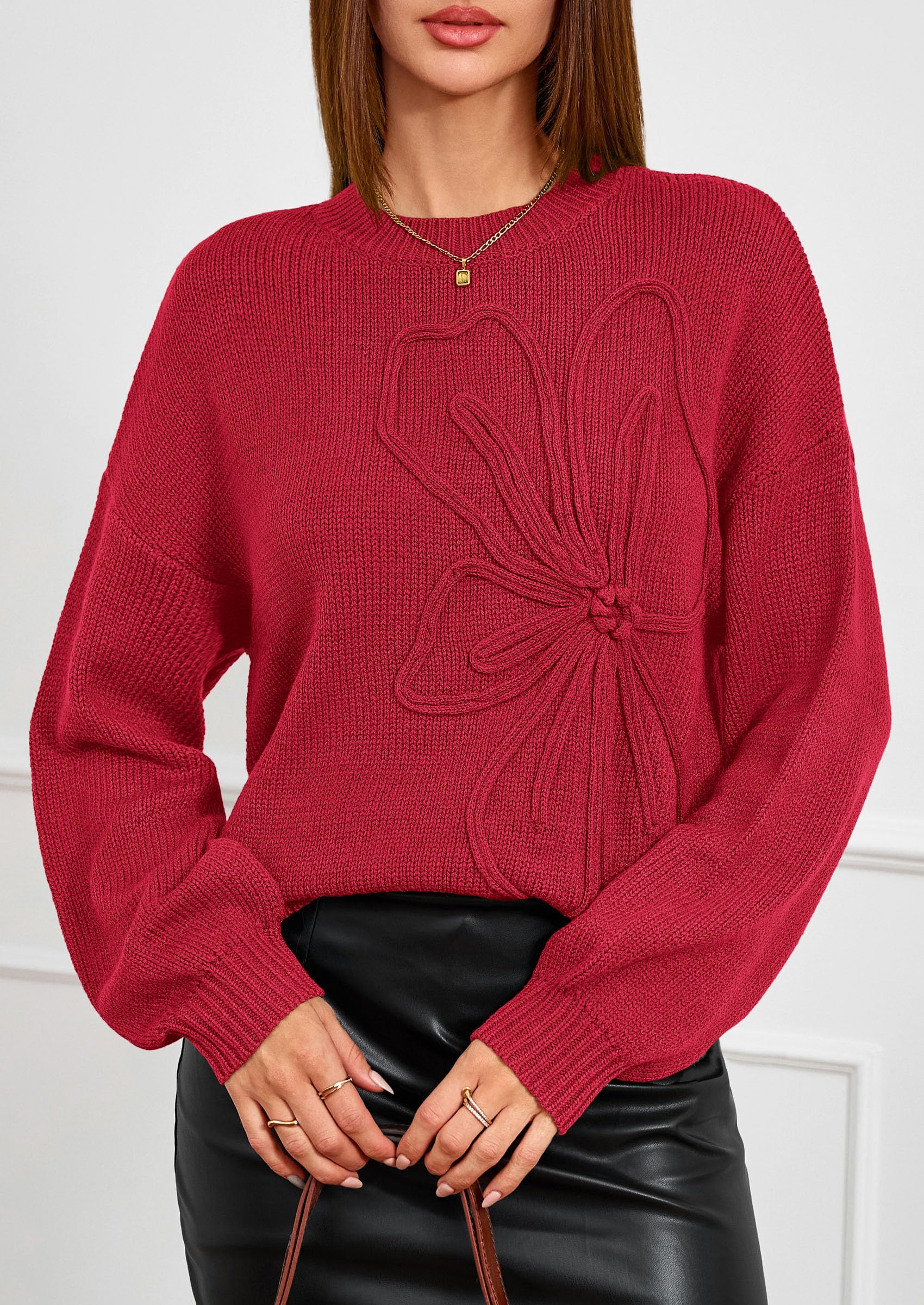 Women's Oversized 3D Floral Knit Sweater,Red,S