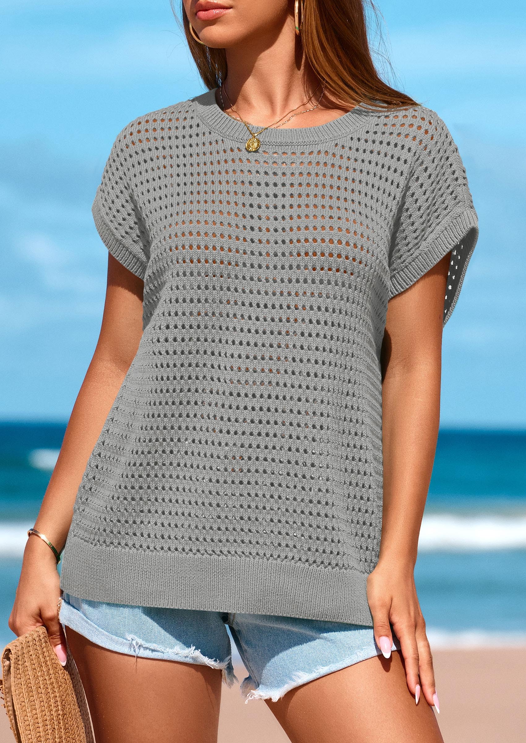 Women's Summer Crochet Cap Sleeve Sweater Tops,Grey,S