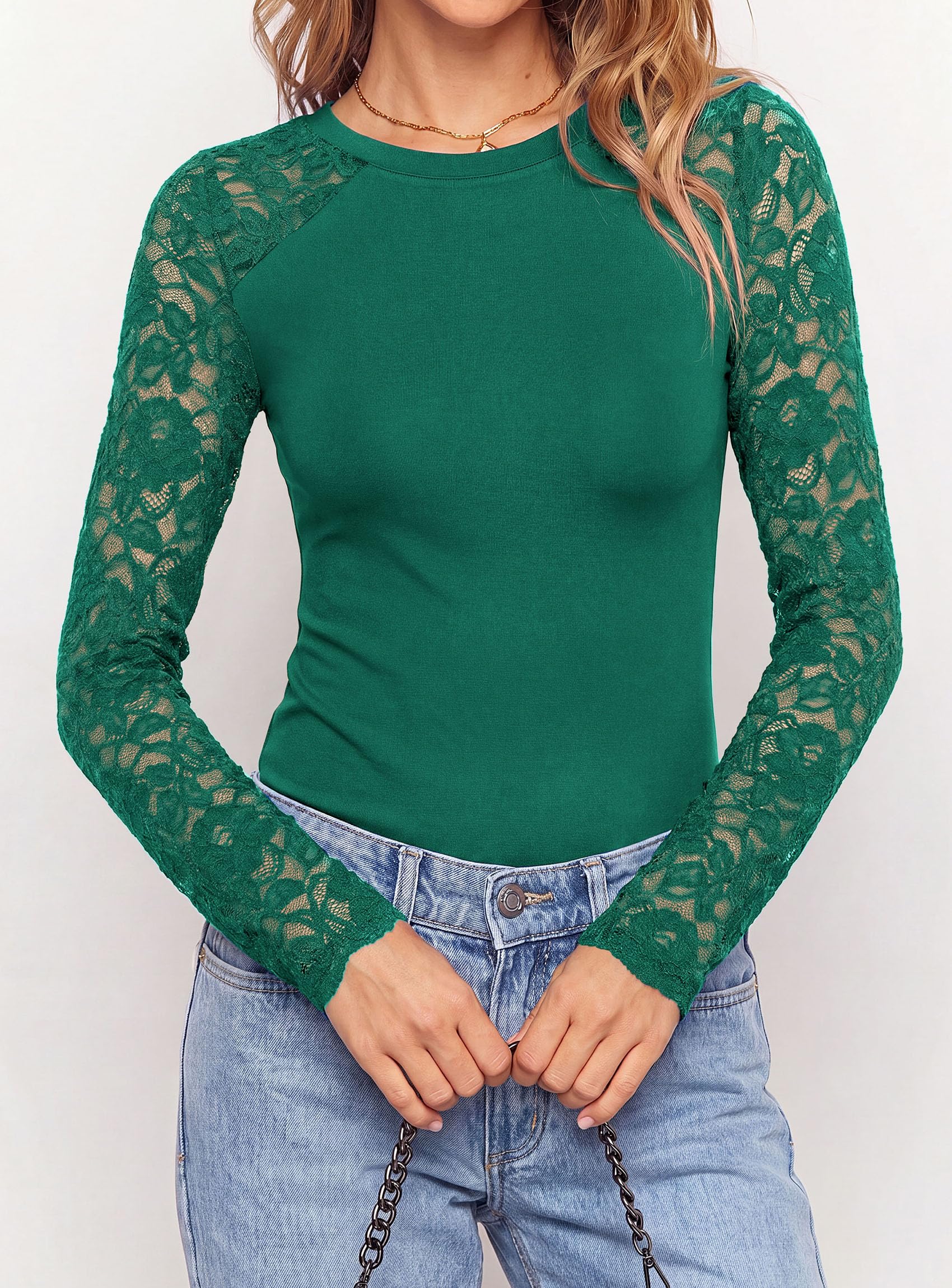 Sheer Lace Raglan Long Sleeve Shirts for Women,Green,M