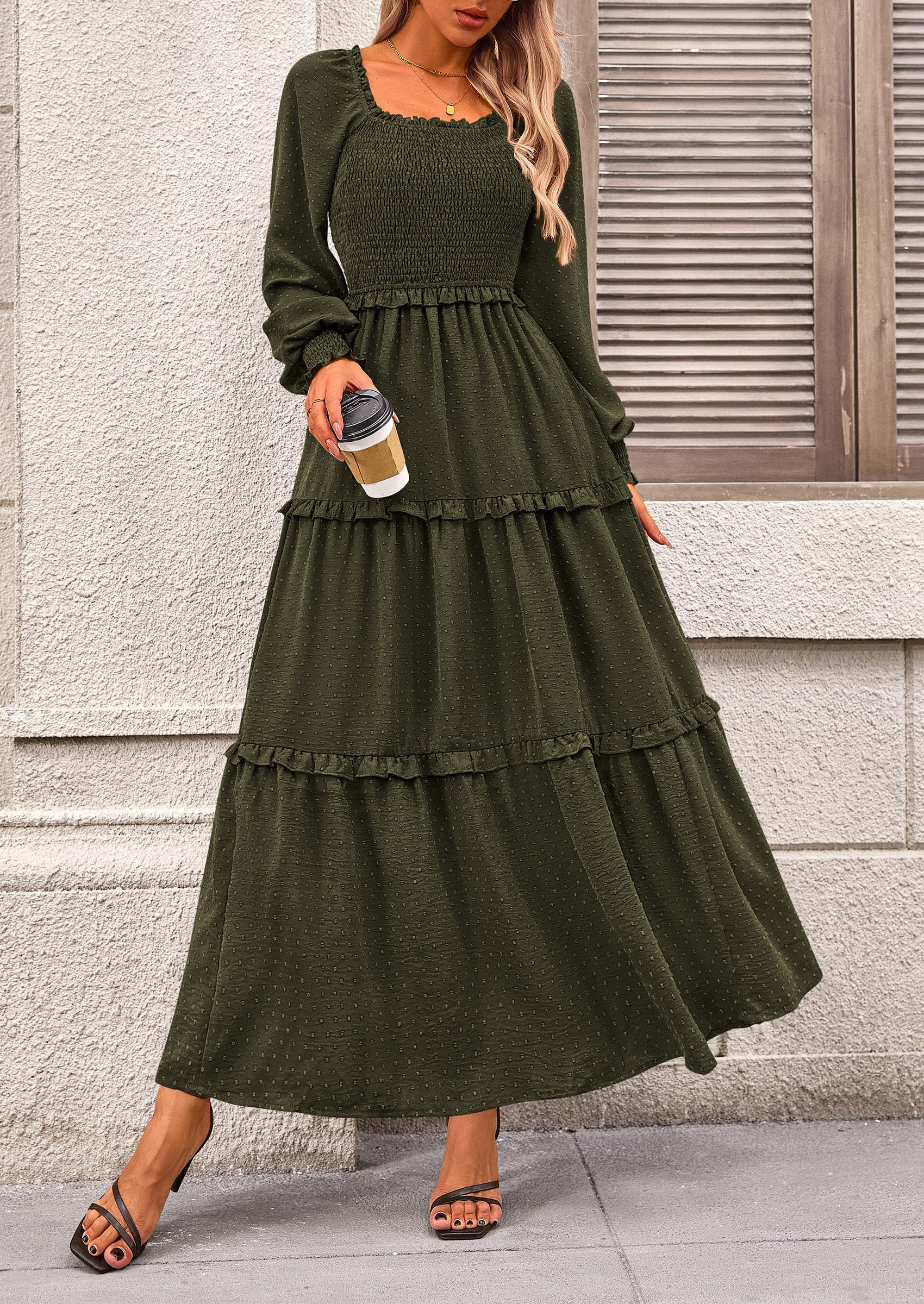 Women's Smocked Long Sleeve Maxi Dress Wedding Guest Dresses