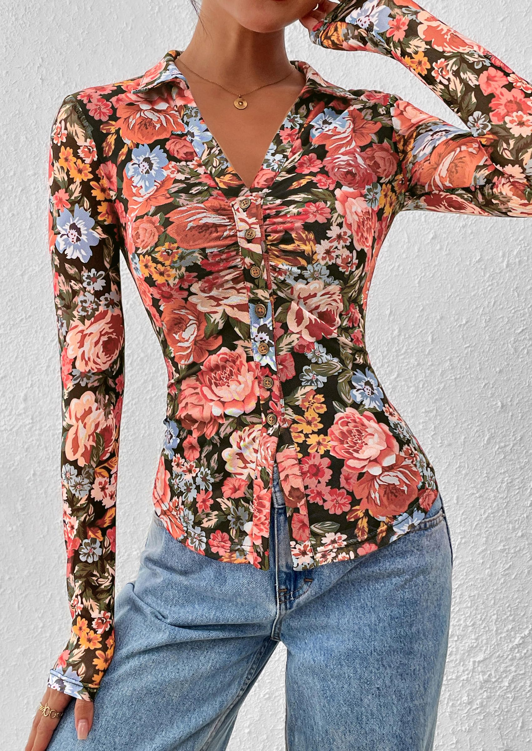 Women's Button Down Shirts Boho Mesh Floral Going Out Tops