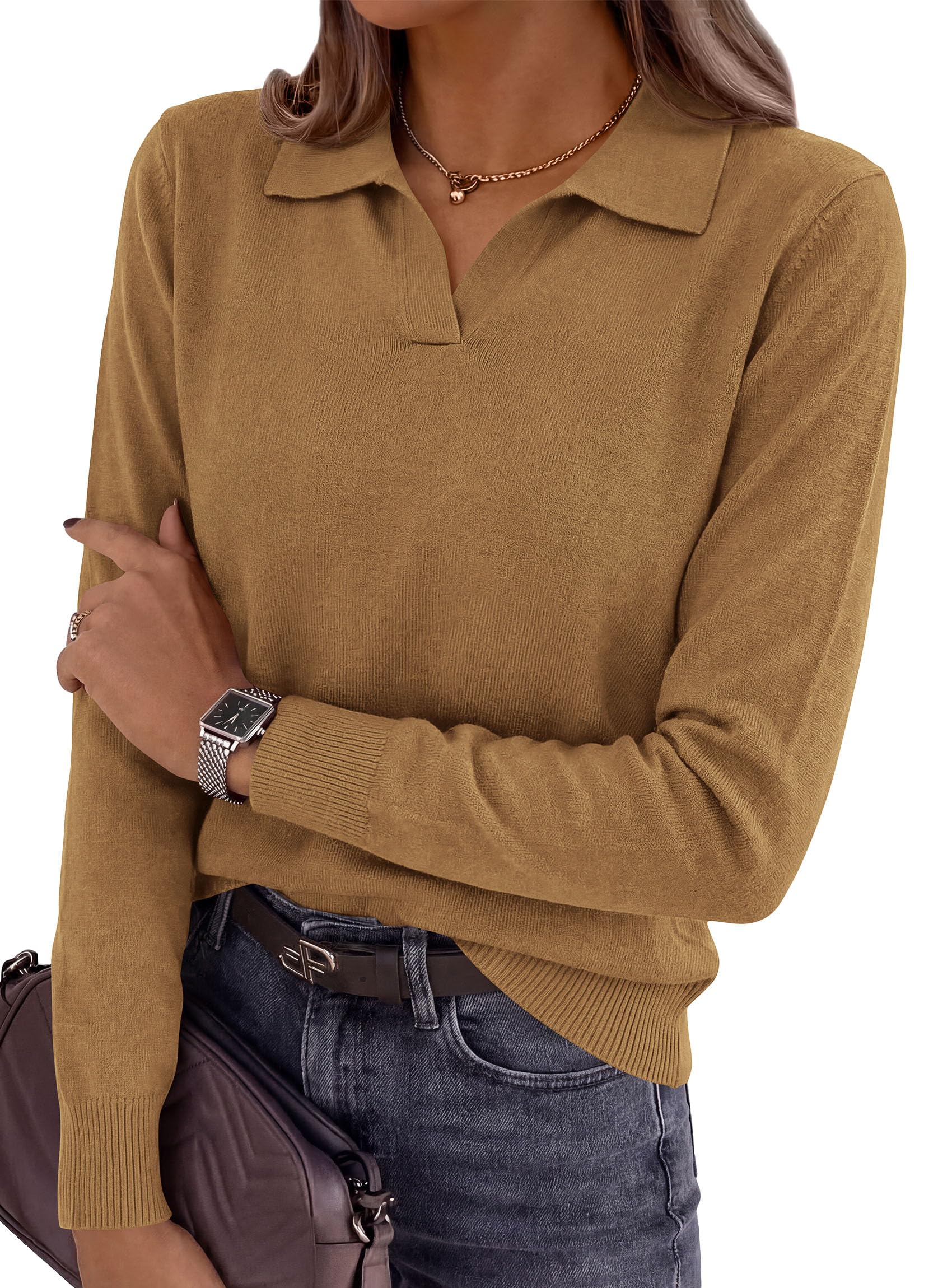Womens Long Sleeve Collared Polo Sweater,Khaki,S