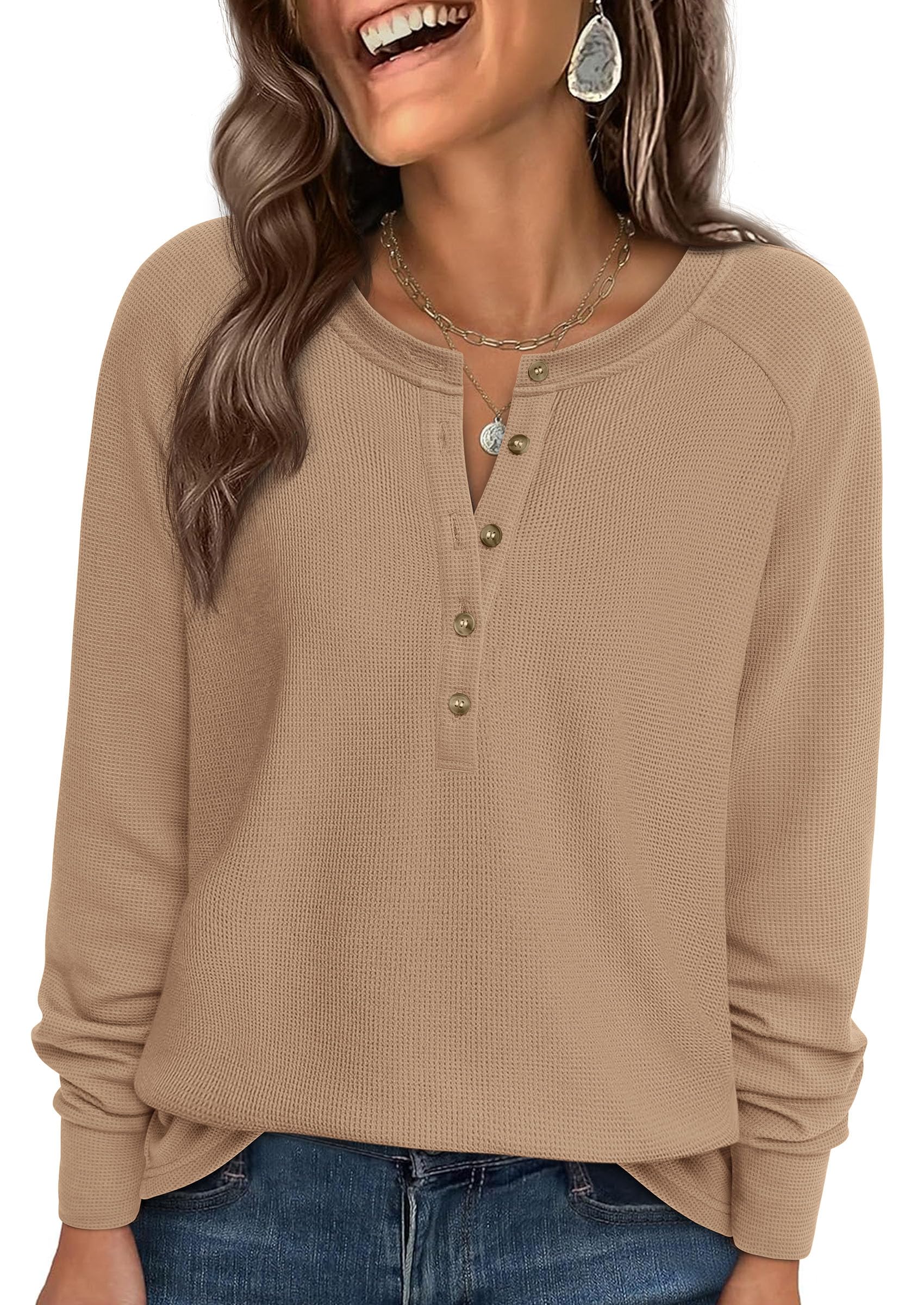 Women's Long Sleeve Waffle Knit Henley Shirts Loose Tunic Tops